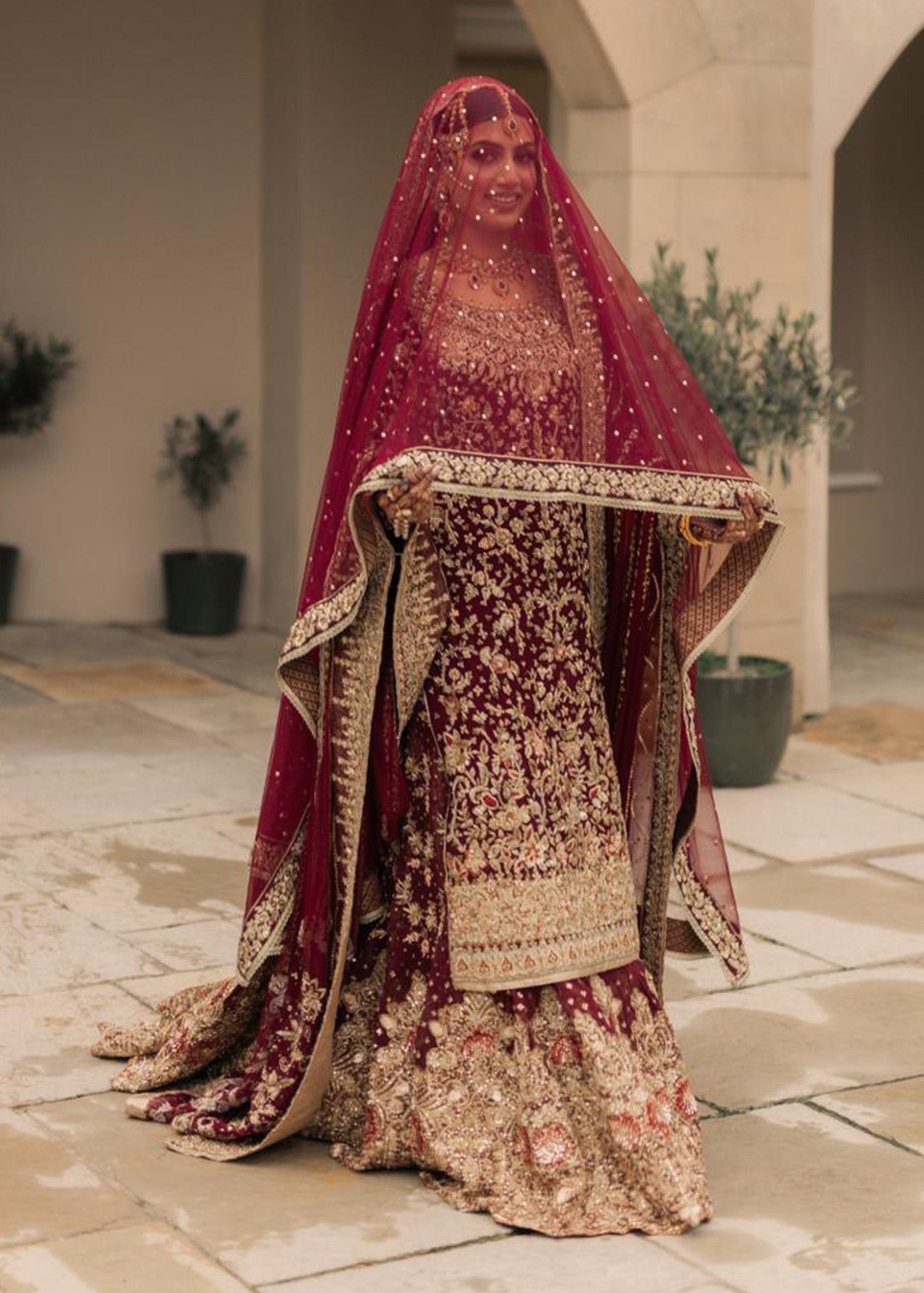 Pakistani Deep Maroon Zardozi Velvet Bridal Lehenga (3-Piece) - Image 2