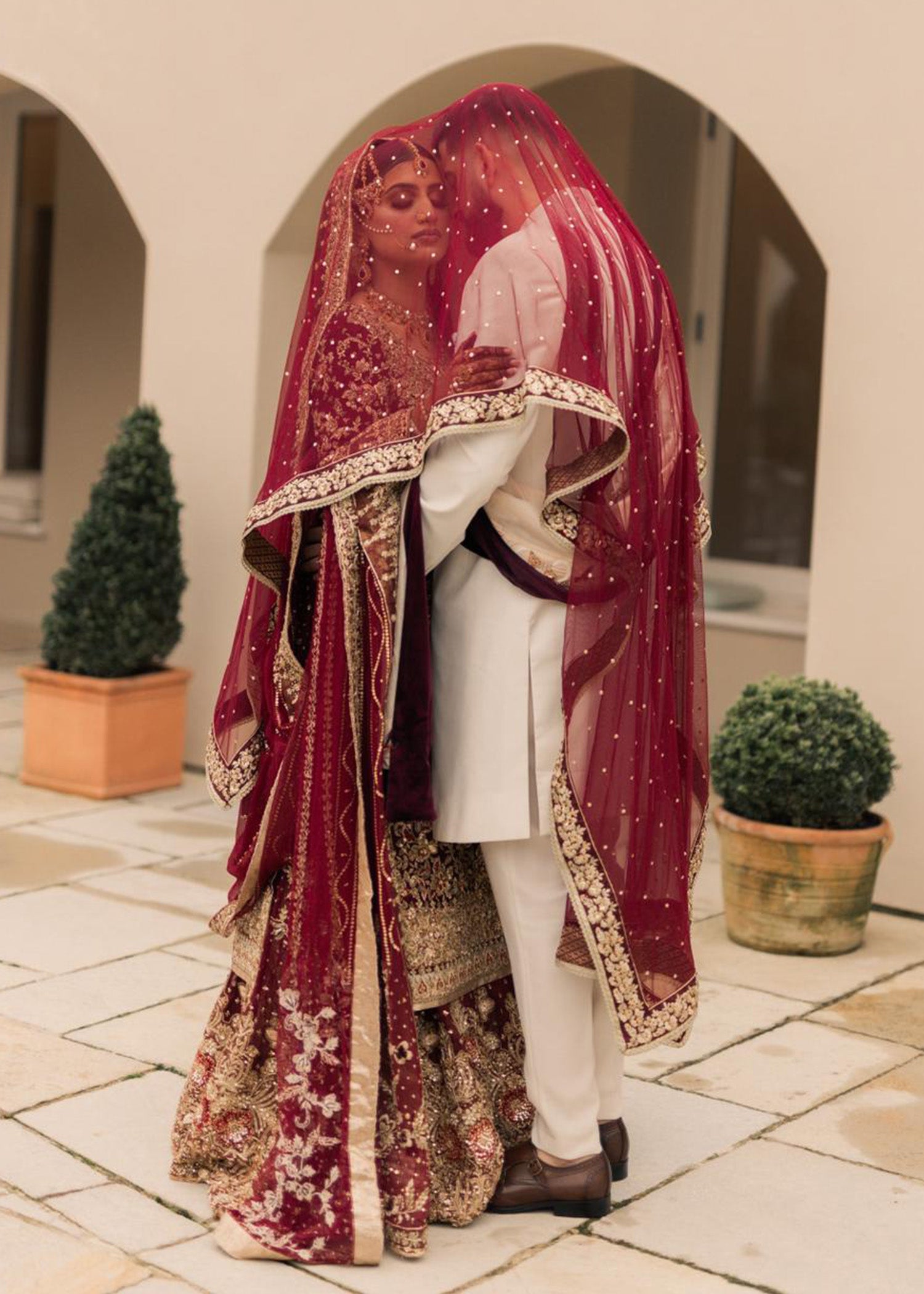 Pakistani Deep Maroon Zardozi Velvet Bridal Lehenga (3-Piece) - Image 5
