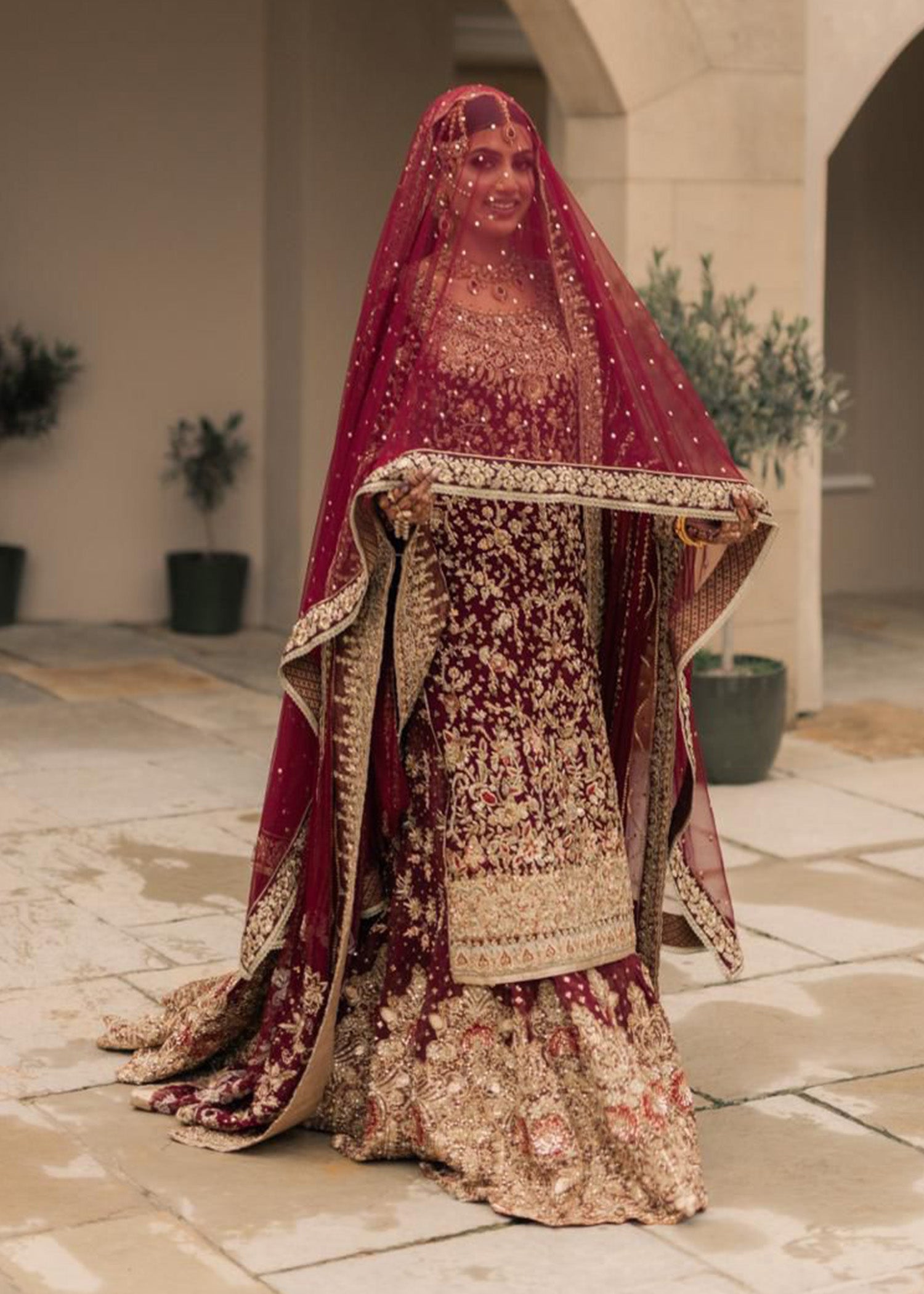 Deep Maroon Embellished Velvet Bridal Lehenga (3-Piece) - Image 3