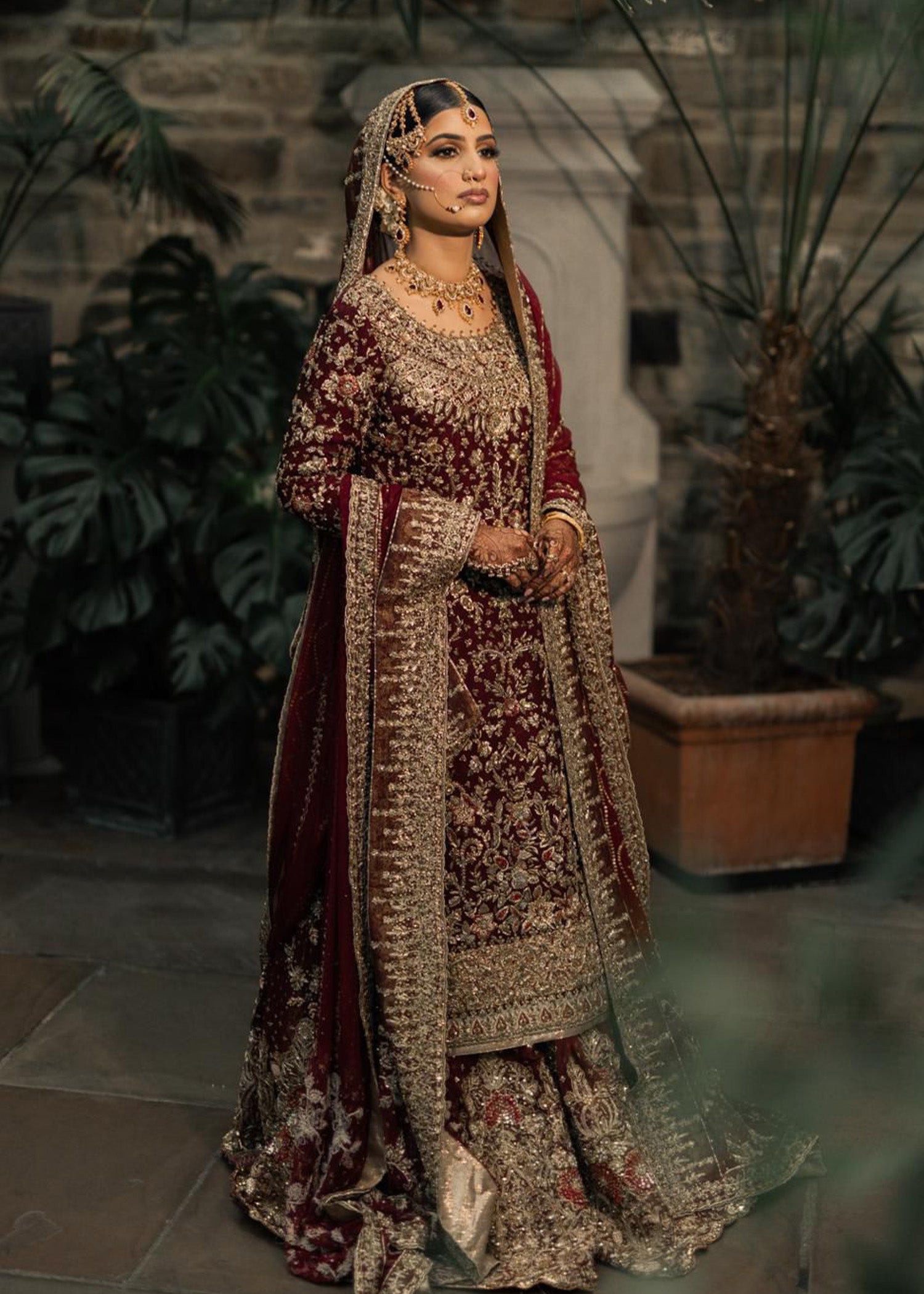 Deep Maroon Embellished Velvet Bridal Lehenga (3-Piece) - Image 4