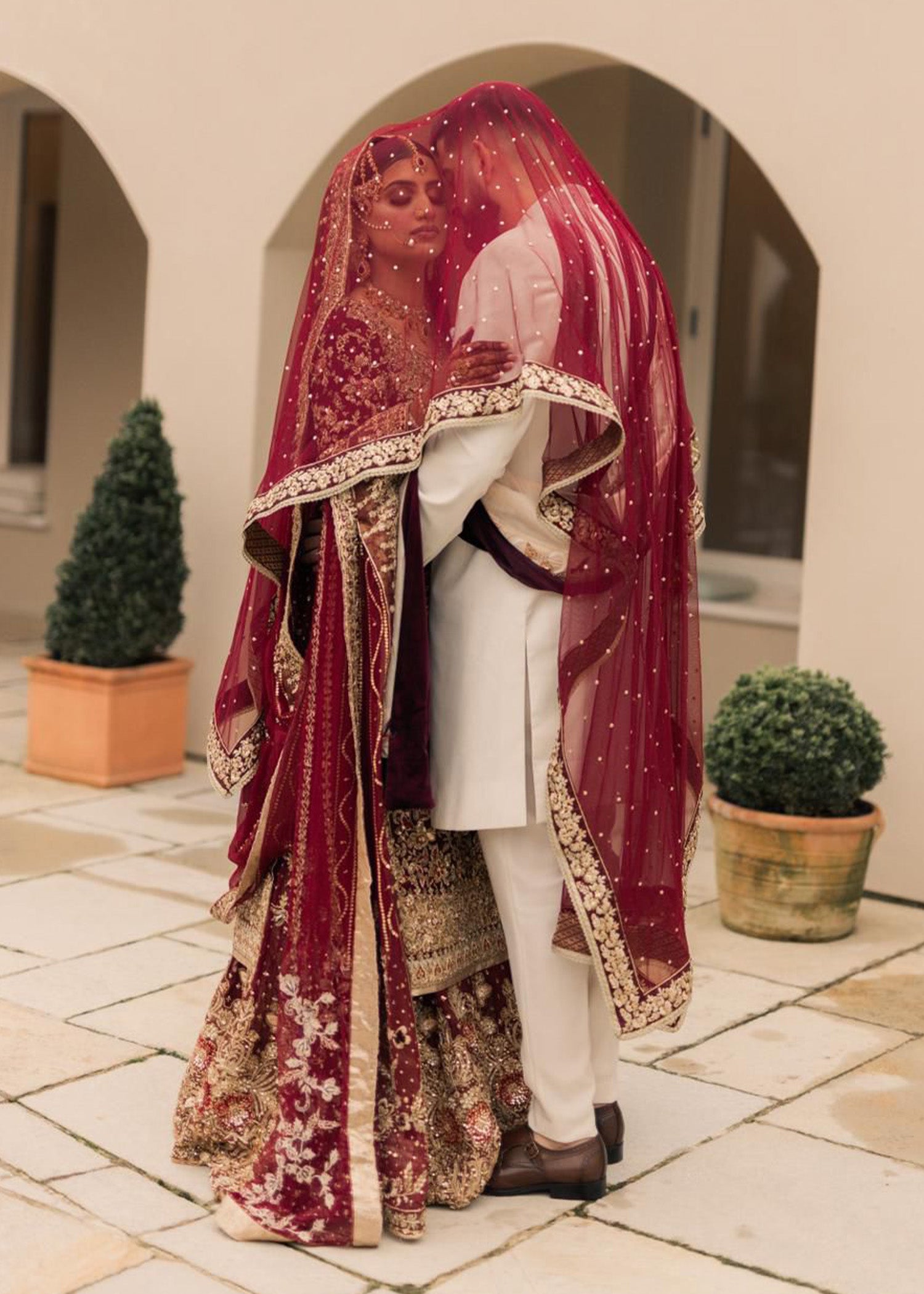 Deep Maroon Embellished Velvet Bridal Lehenga (3-Piece) - Image 5