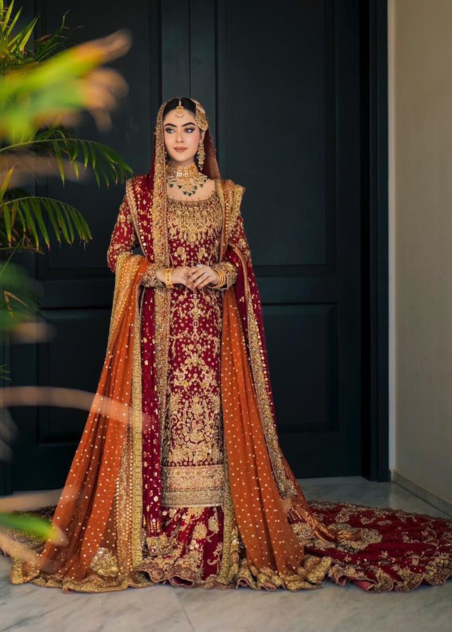 Pakistani Deep Maroon Zardozi Velvet Bridal Lehenga (3-Piece) - Image 1