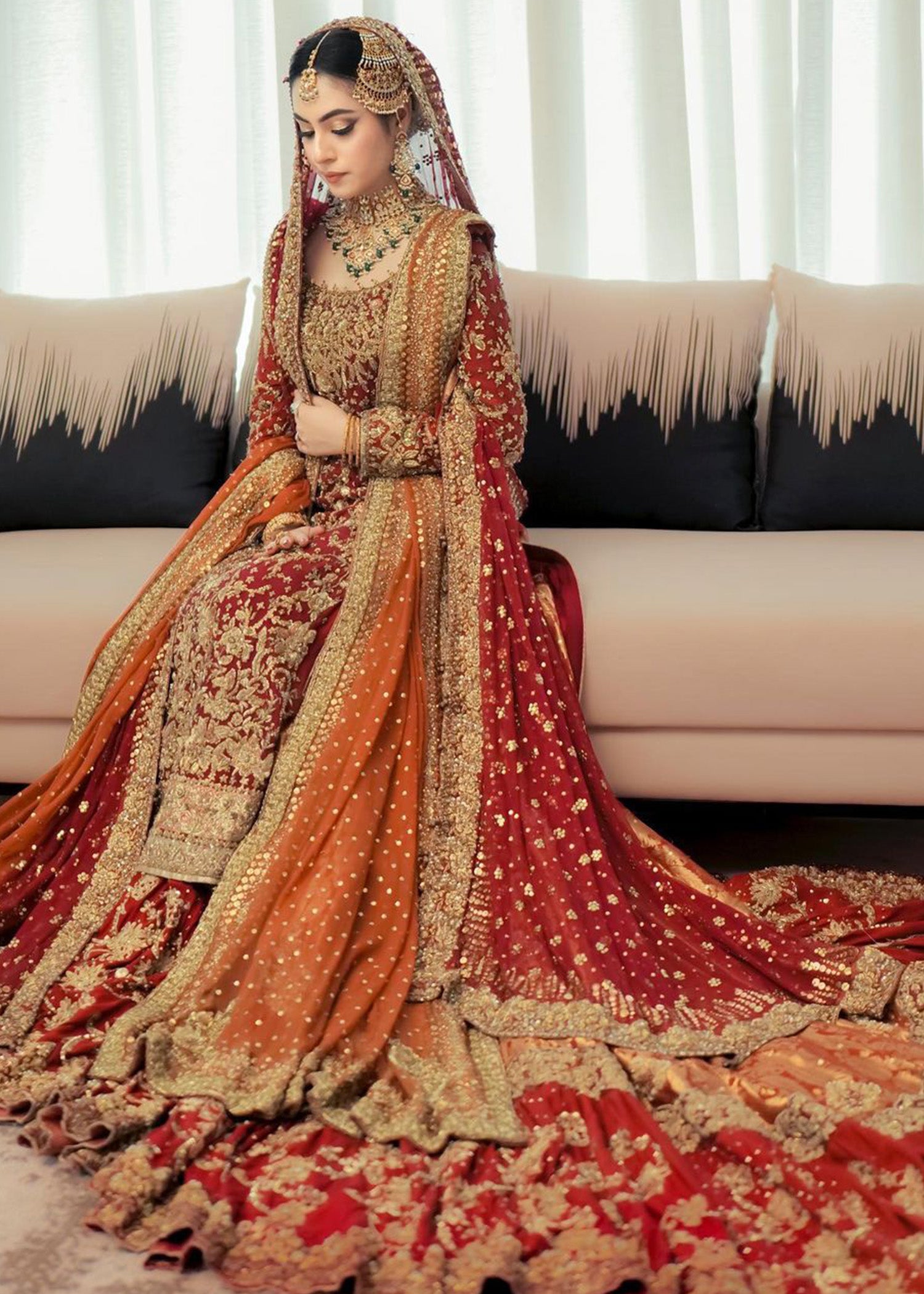 Pakistani Deep Maroon Zardozi Velvet Bridal Lehenga (3-Piece) - Image 2
