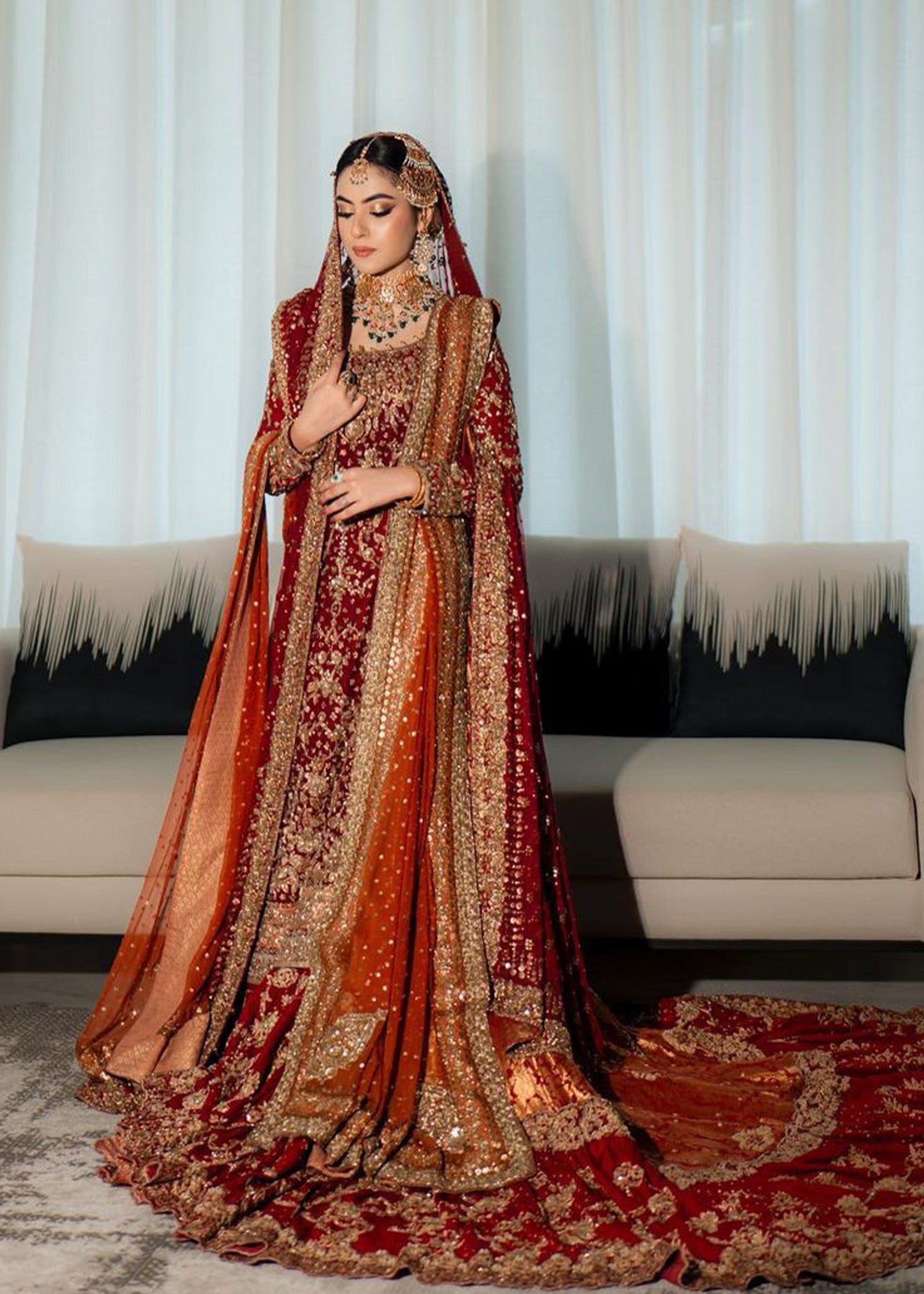 Pakistani Deep Maroon Zardozi Velvet Bridal Lehenga (3-Piece) - Image 3