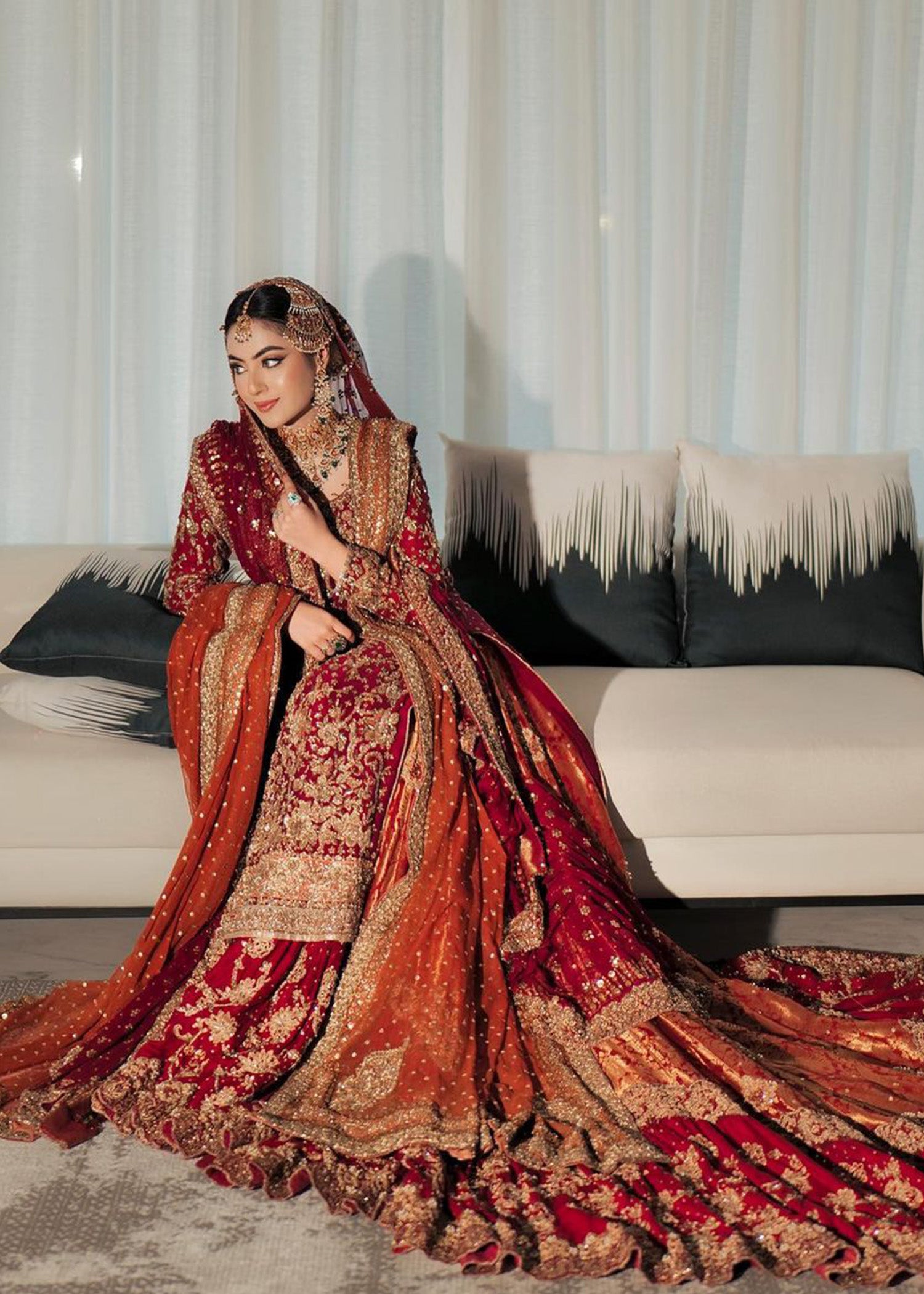 Pakistani Deep Maroon Zardozi Velvet Bridal Lehenga (3-Piece) - Image 4