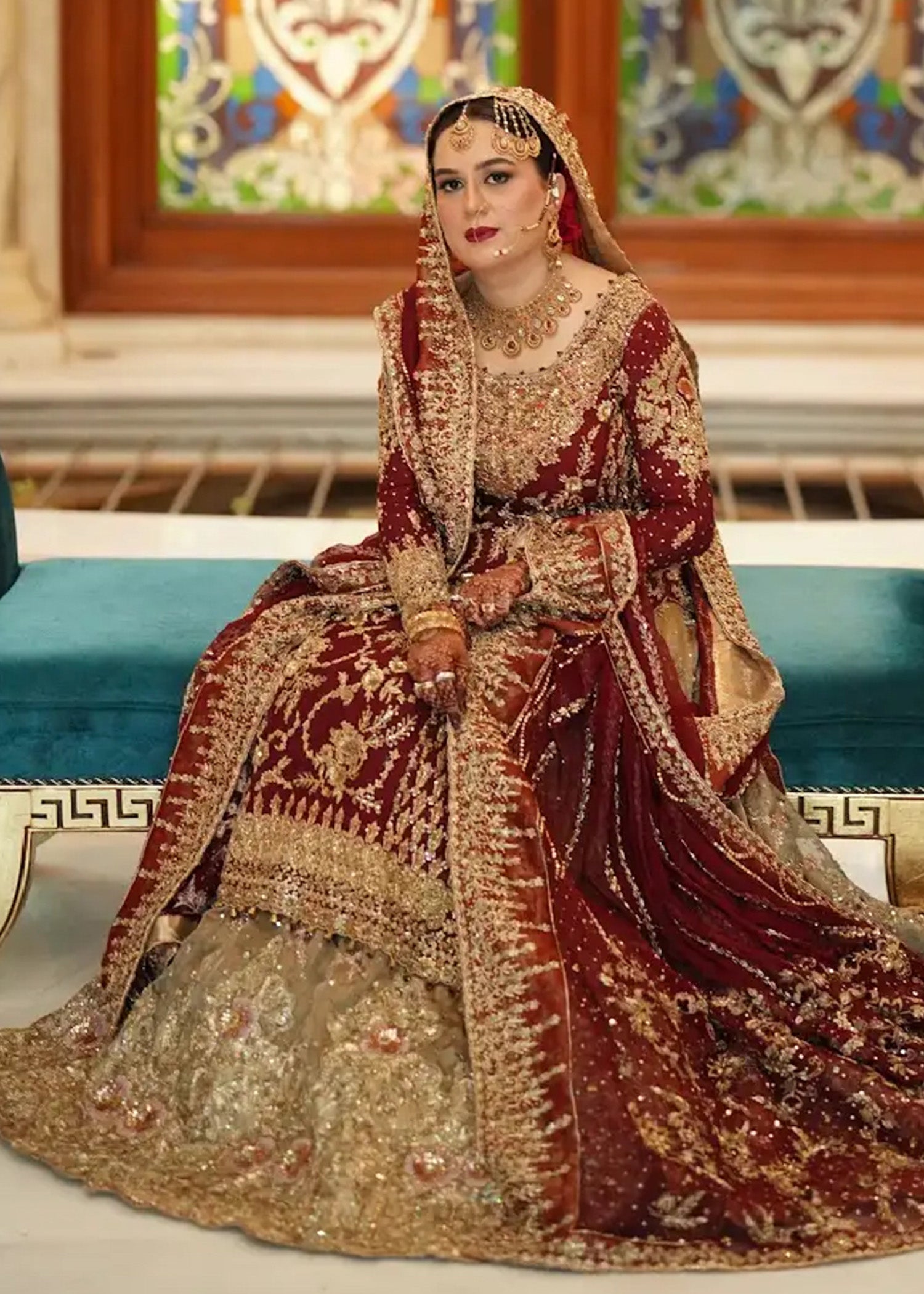 Deep Maroon Gold Embroidered Velvet Silk Bridal Lehenga (3-Piece) - Image 1