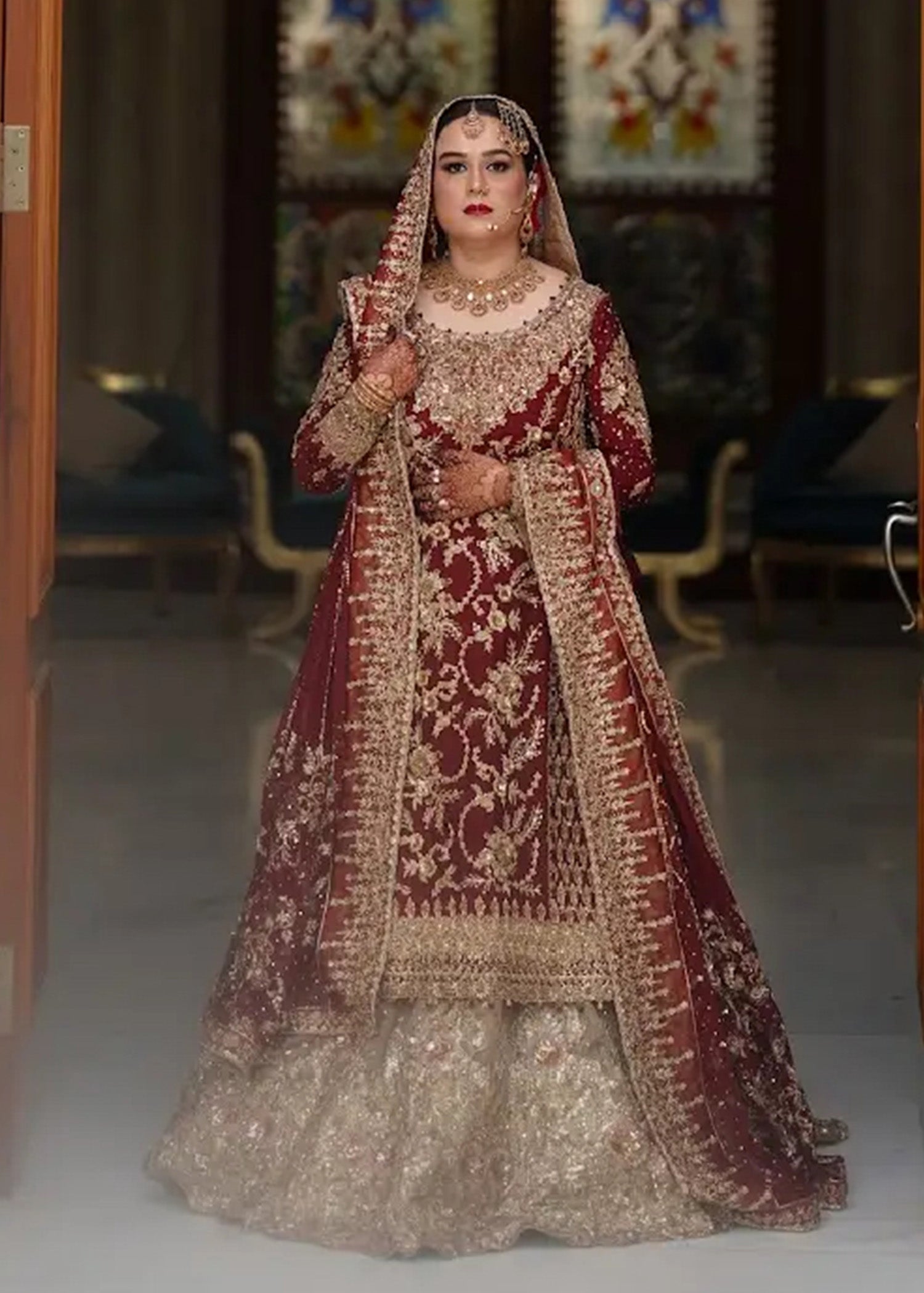 Deep Maroon Gold Embroidered Velvet Silk Bridal Lehenga (3-Piece) - Image 2