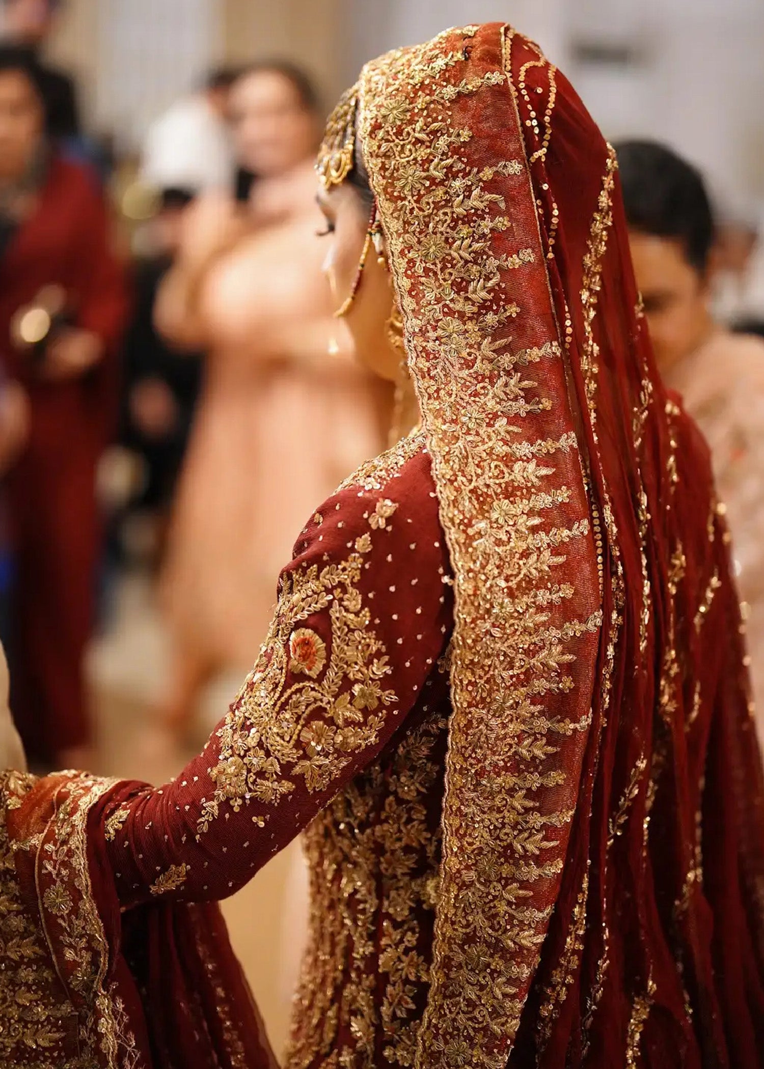 Deep Maroon Gold Embroidered Velvet Silk Bridal Lehenga (3-Piece) - Image 3