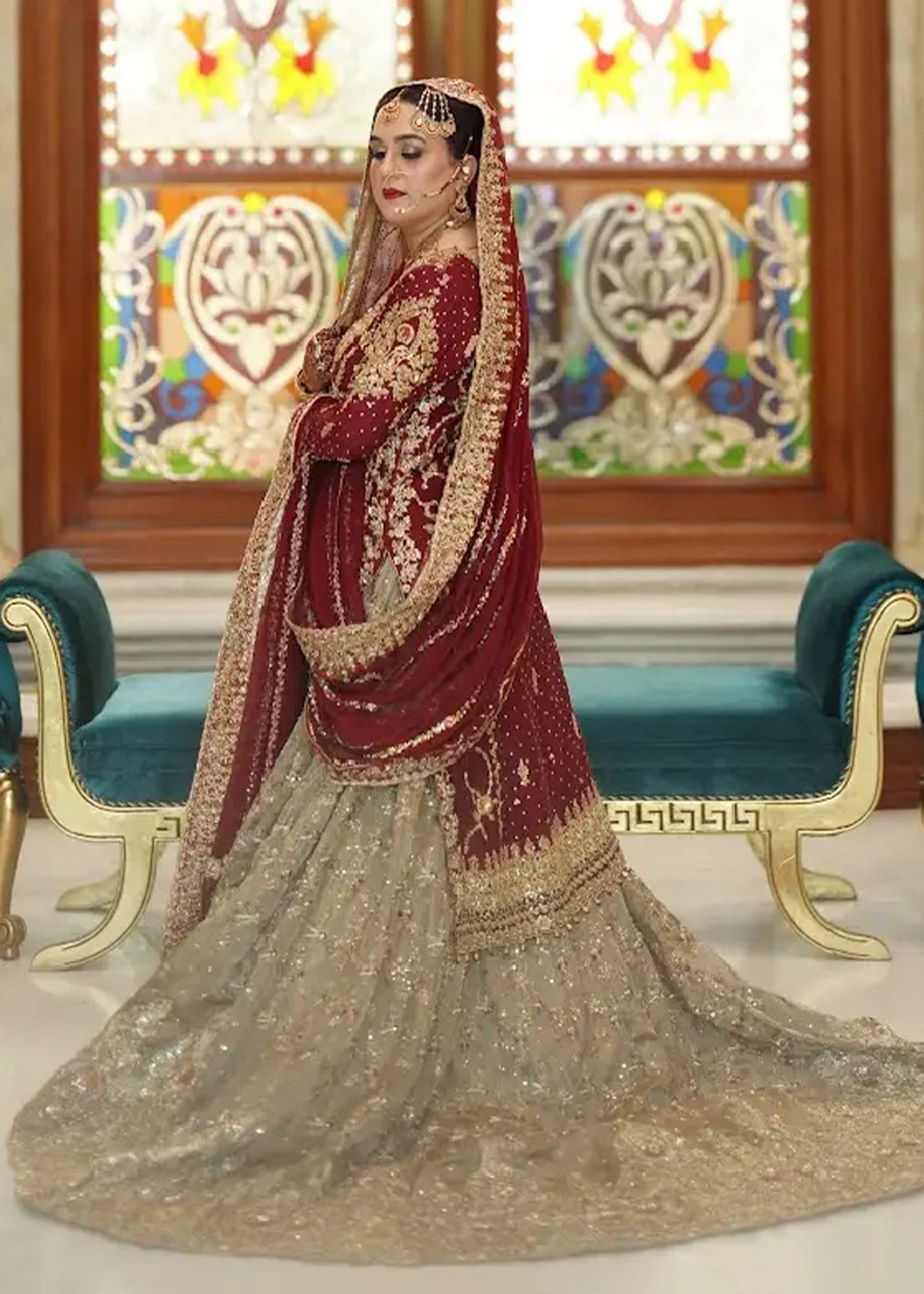 Deep Maroon Gold Embroidered Velvet Silk Bridal Lehenga (3-Piece) - Image 4