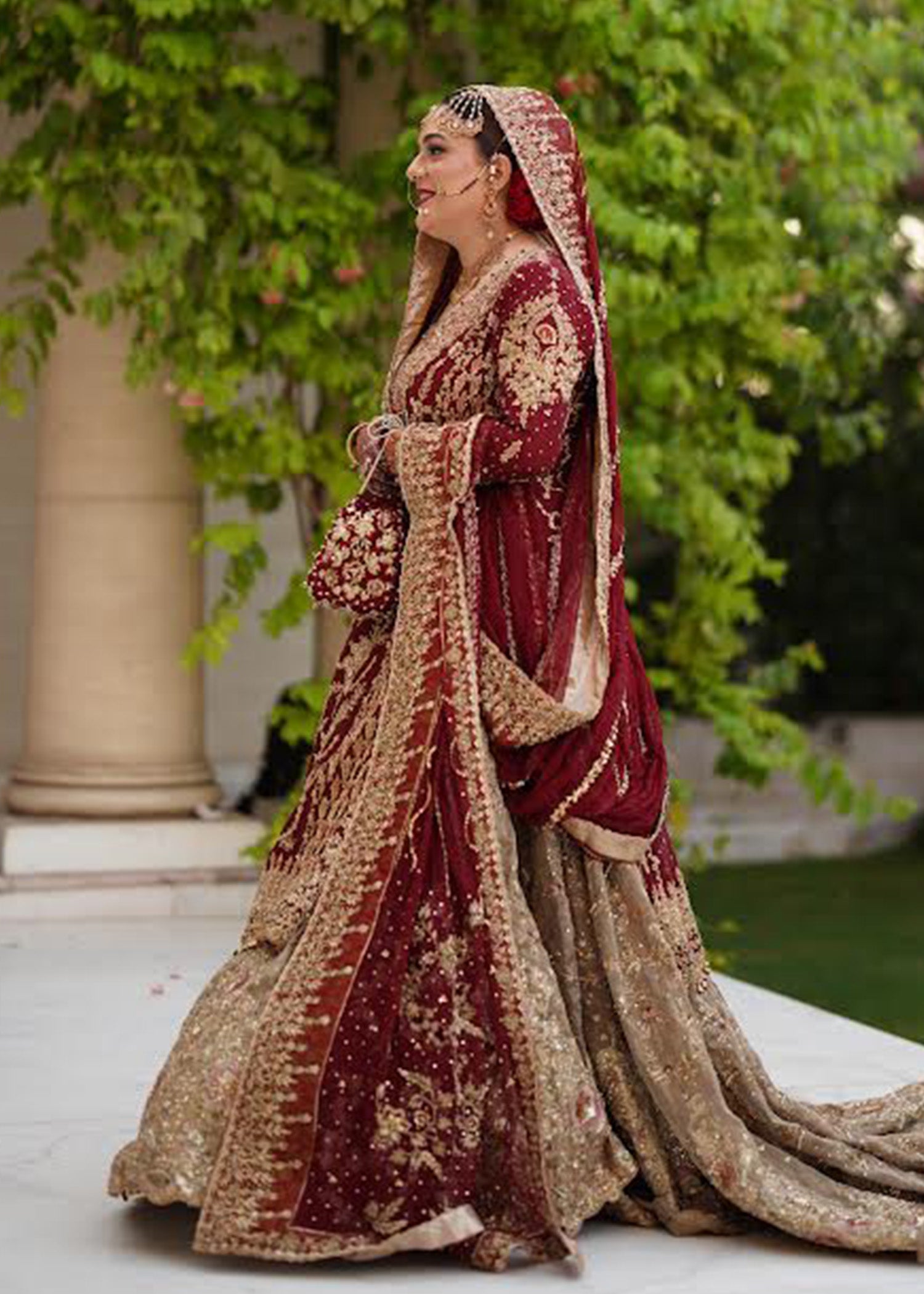 Deep Maroon Gold Embroidered Velvet Silk Bridal Lehenga (3-Piece) - Image 7