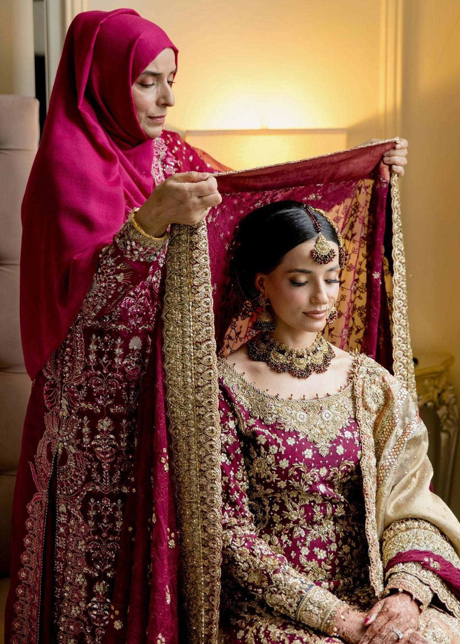 Pakistani Deep Maroon Gold Embellished Velvet Silk Lehenga (3-Piece) - Image 1