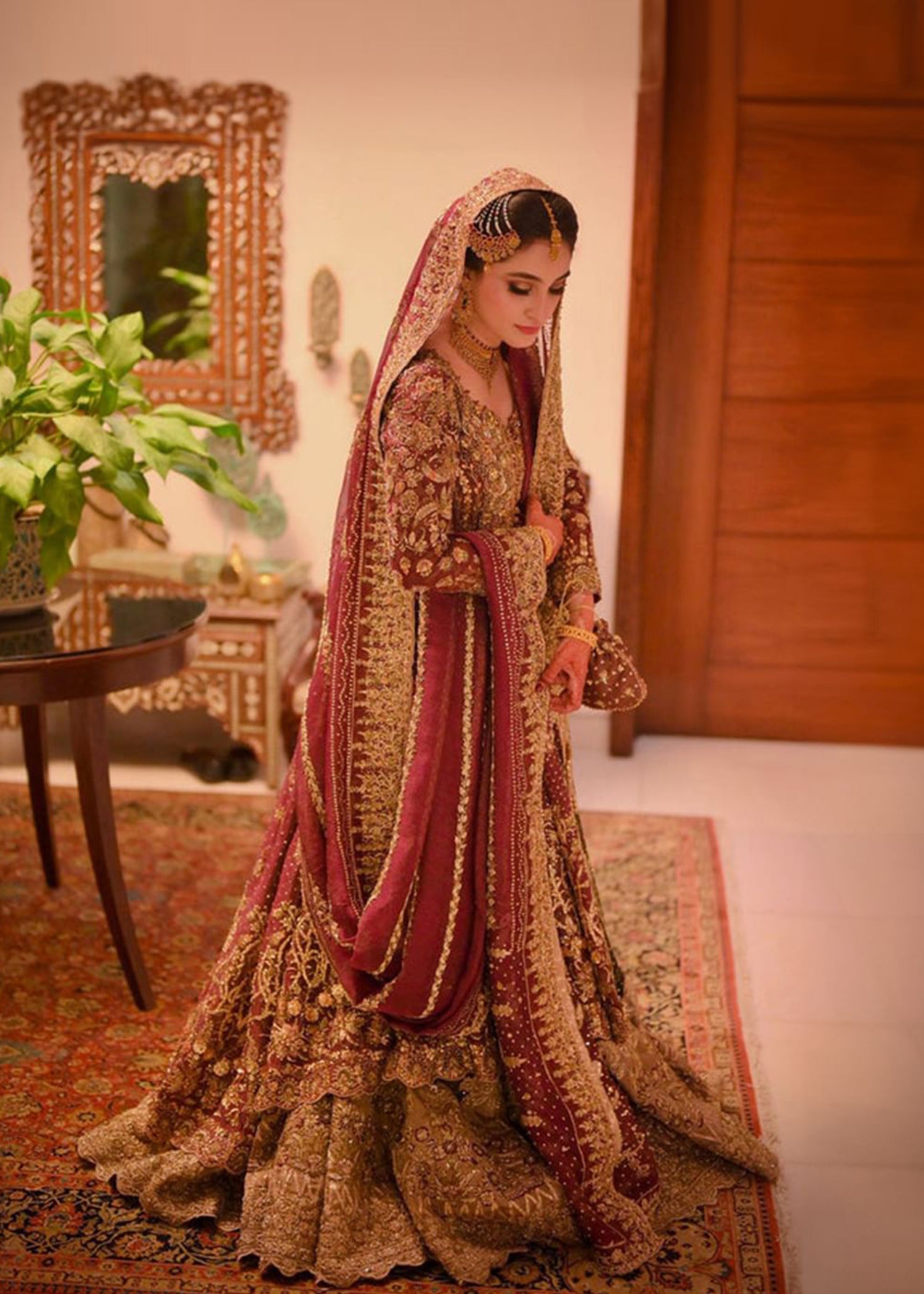 Pakistani Deep Maroon Antique Gold Velvet Bridal Lehenga (3-Piece) - Image 1