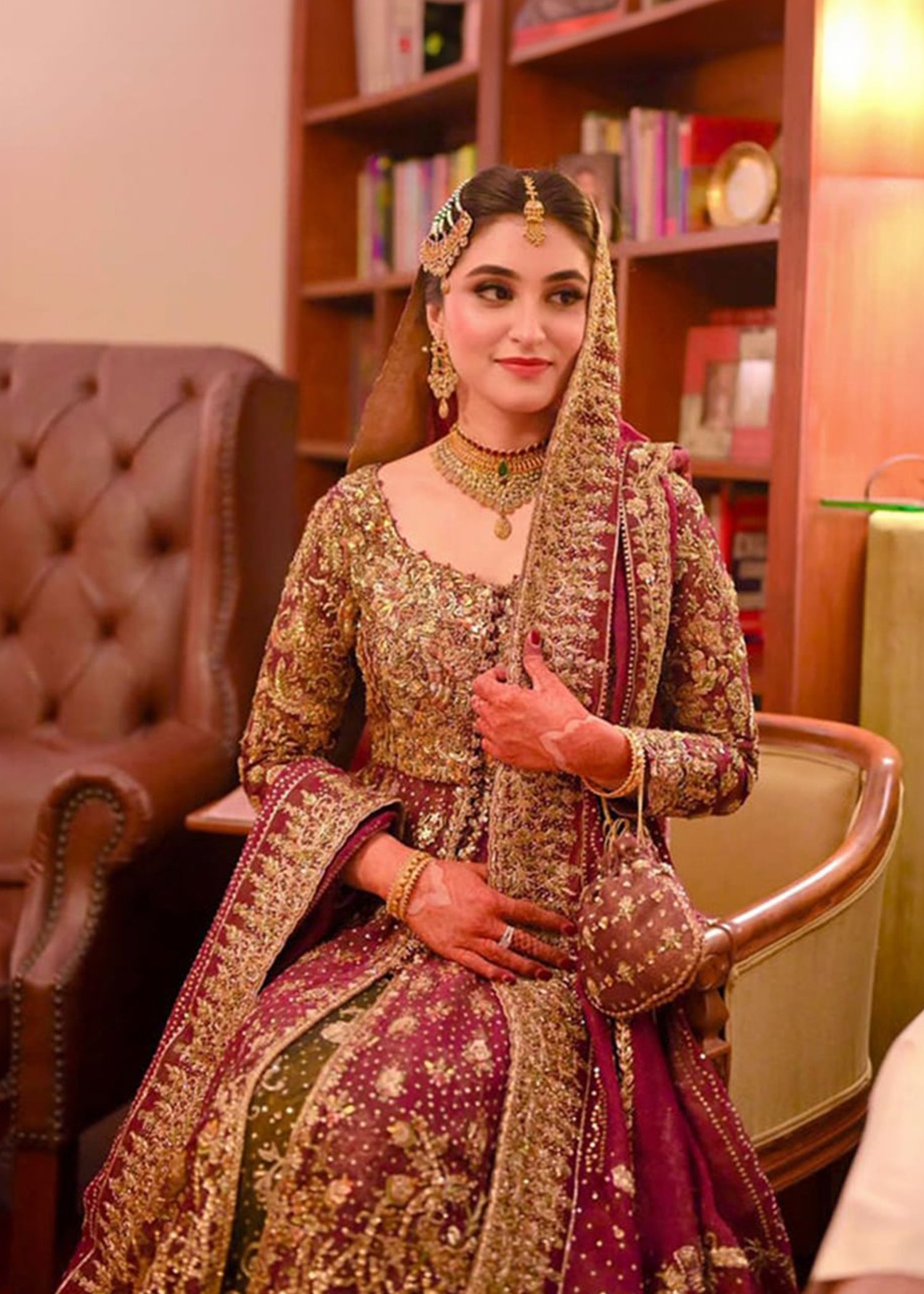 Pakistani Deep Maroon Antique Gold Velvet Bridal Lehenga (3-Piece) - Image 3