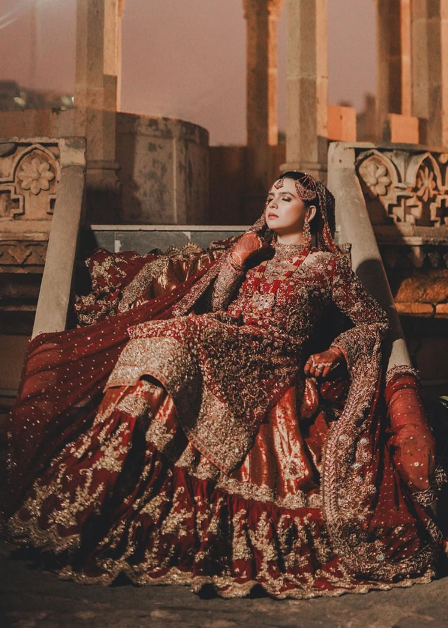 Pakistani Deep Maroon Zardozi Velvet Bridal Lehenga (3-Piece) - Image 2