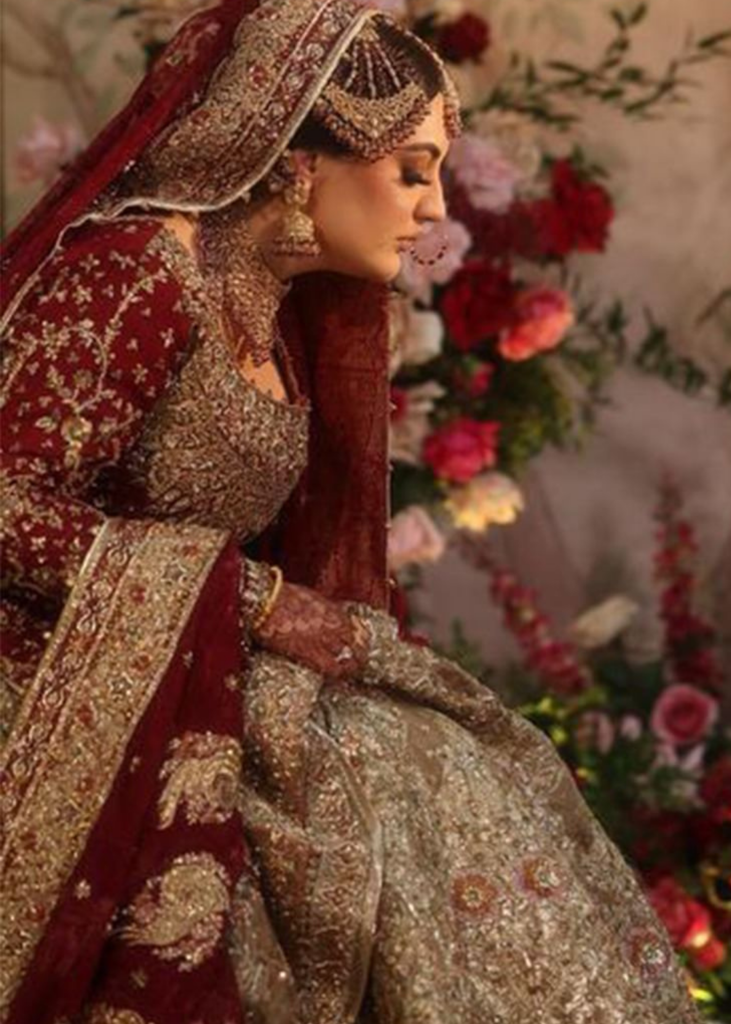 Deep Maroon Gold Embroidered Velvet Bridal Lehenga (3-Piece) - Image 2