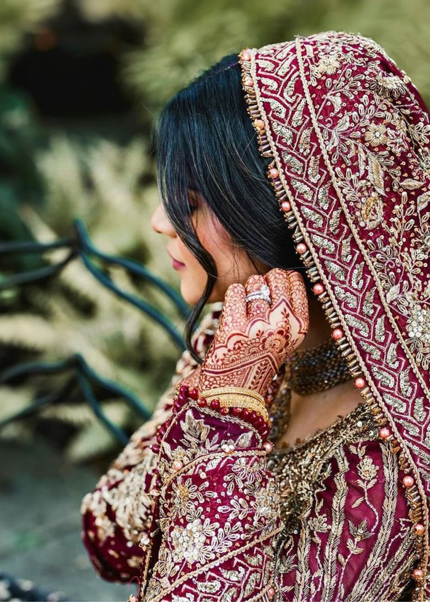 Pakistani Deep Maroon Gold Embroidered Velvet Silk Bridal Lehenga (3-Piece) - Image 5
