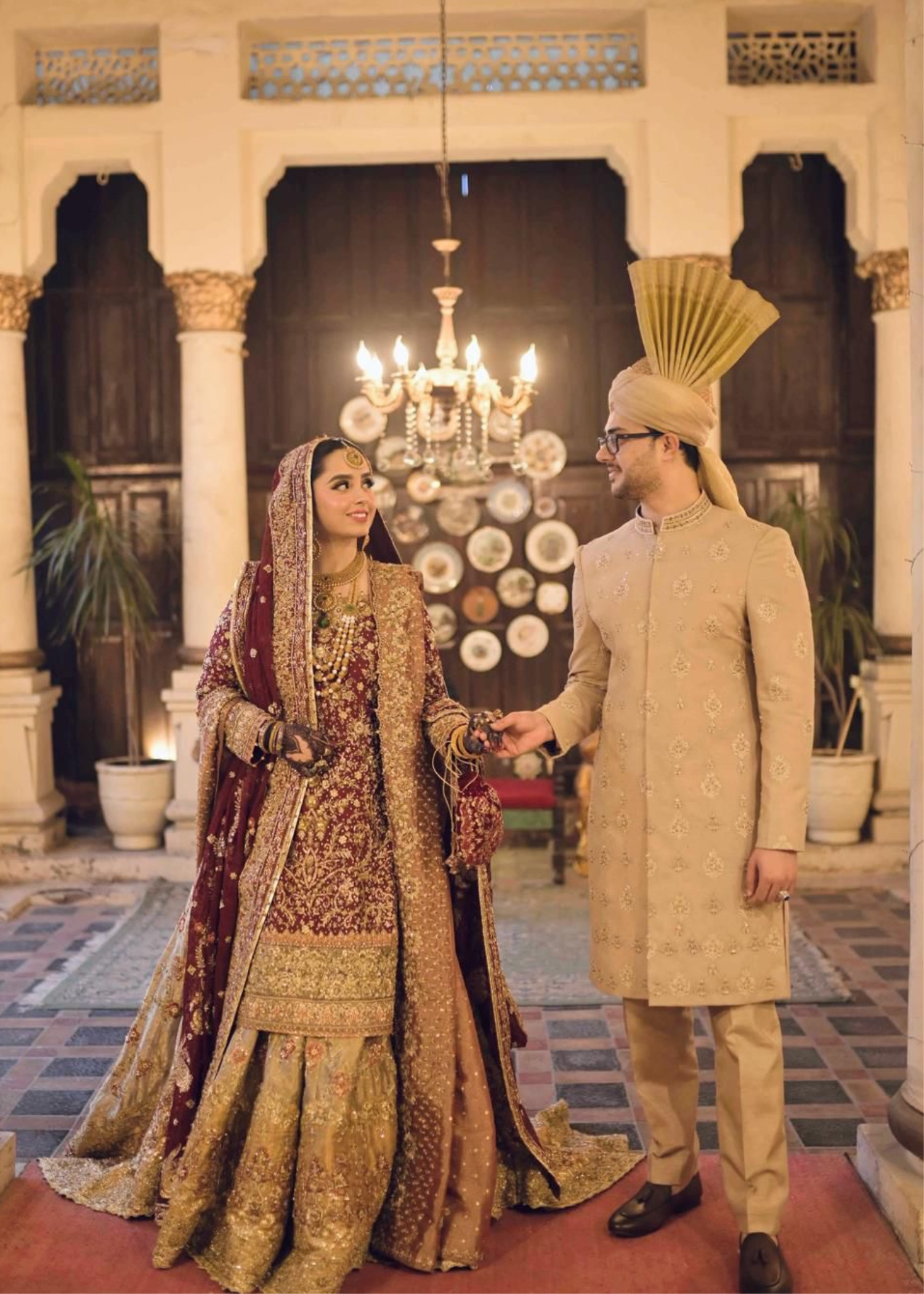 Deep Maroon Gold Embellished Velvet Bridal Lehenga (3-Piece) - Image 1