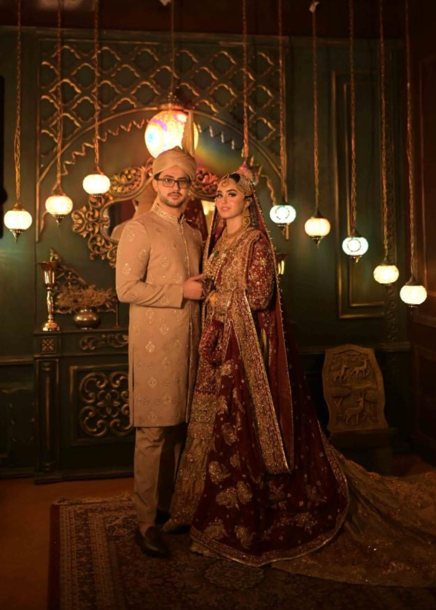 Deep Maroon Gold Embellished Velvet Bridal Lehenga (3-Piece) - Image 2