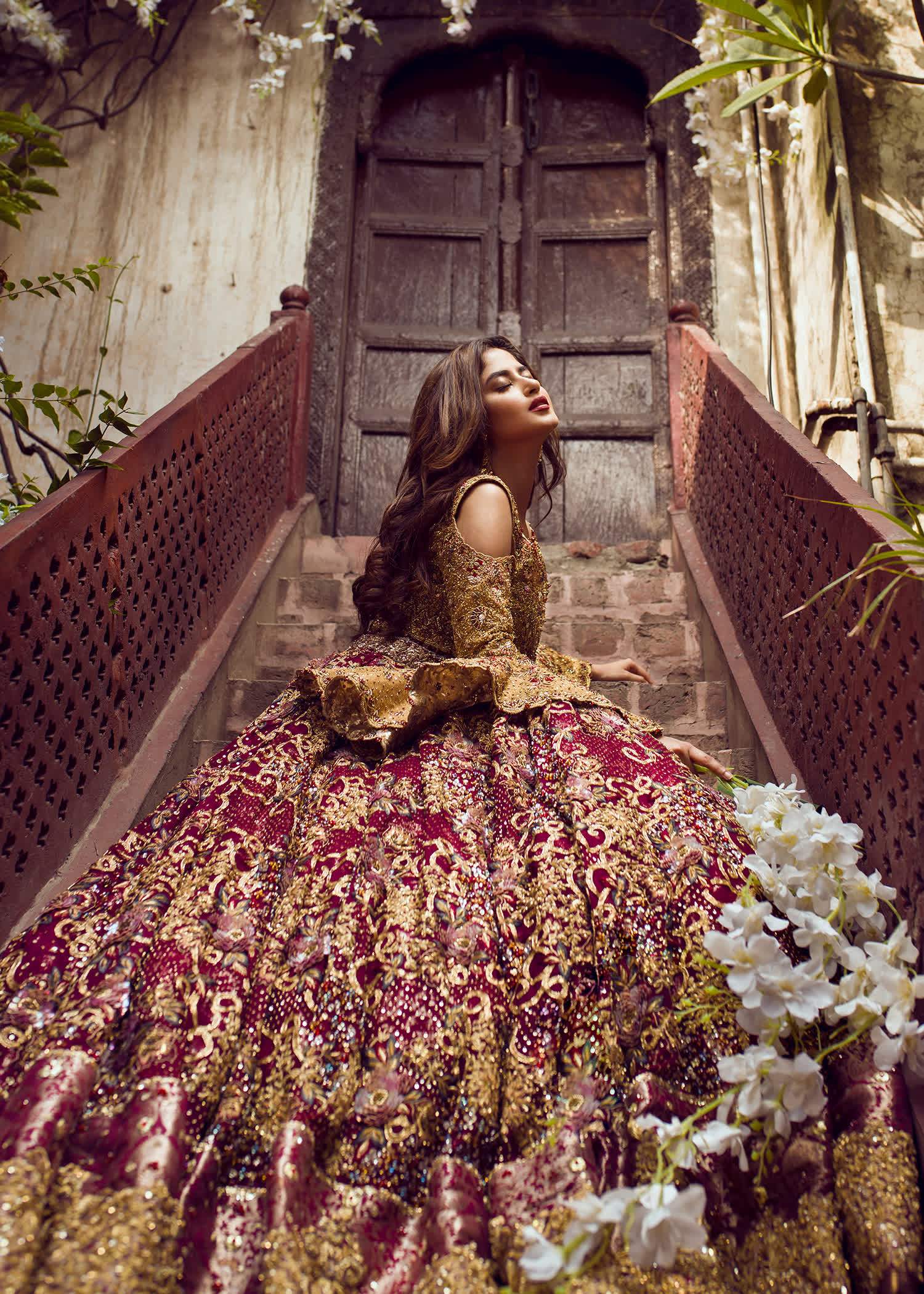 Pakistani Deep Maroon Zardozi Velvet Silk Bridal Lehenga (3-Piece) - Image 1