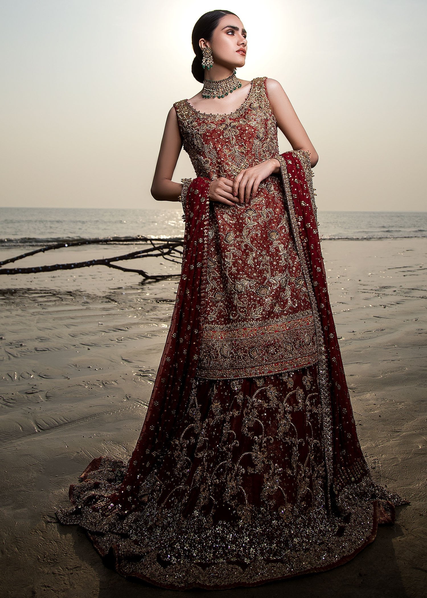 Pakistani Deep Maroon Embellished Velvet Bridal Lehenga (3-Piece) - Image 1