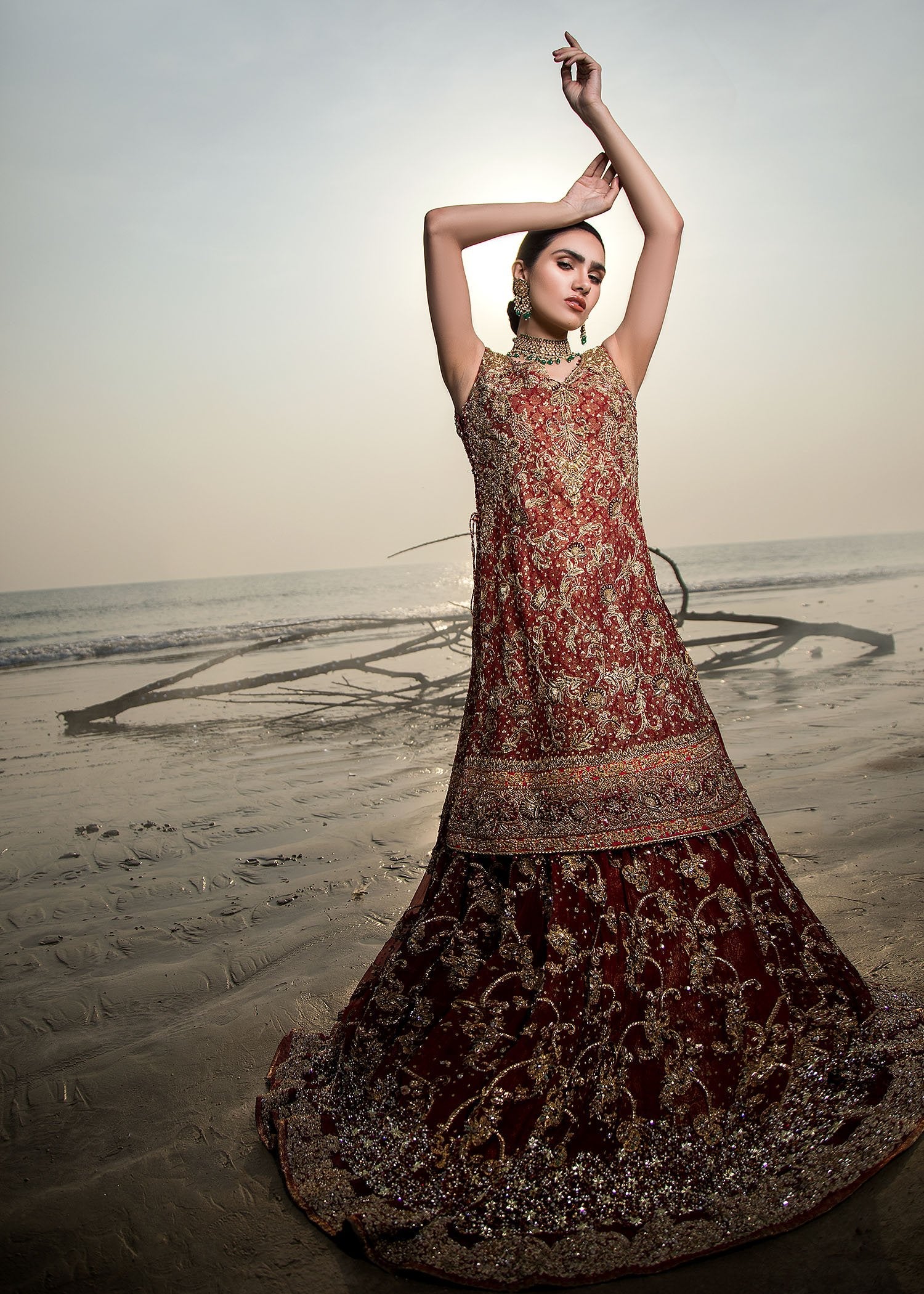 Pakistani Deep Maroon Embellished Velvet Bridal Lehenga (3-Piece) - Image 10