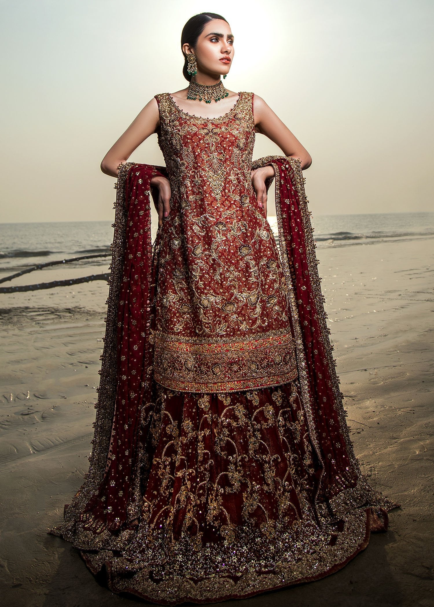 Pakistani Deep Maroon Embellished Velvet Bridal Lehenga (3-Piece) - Image 11