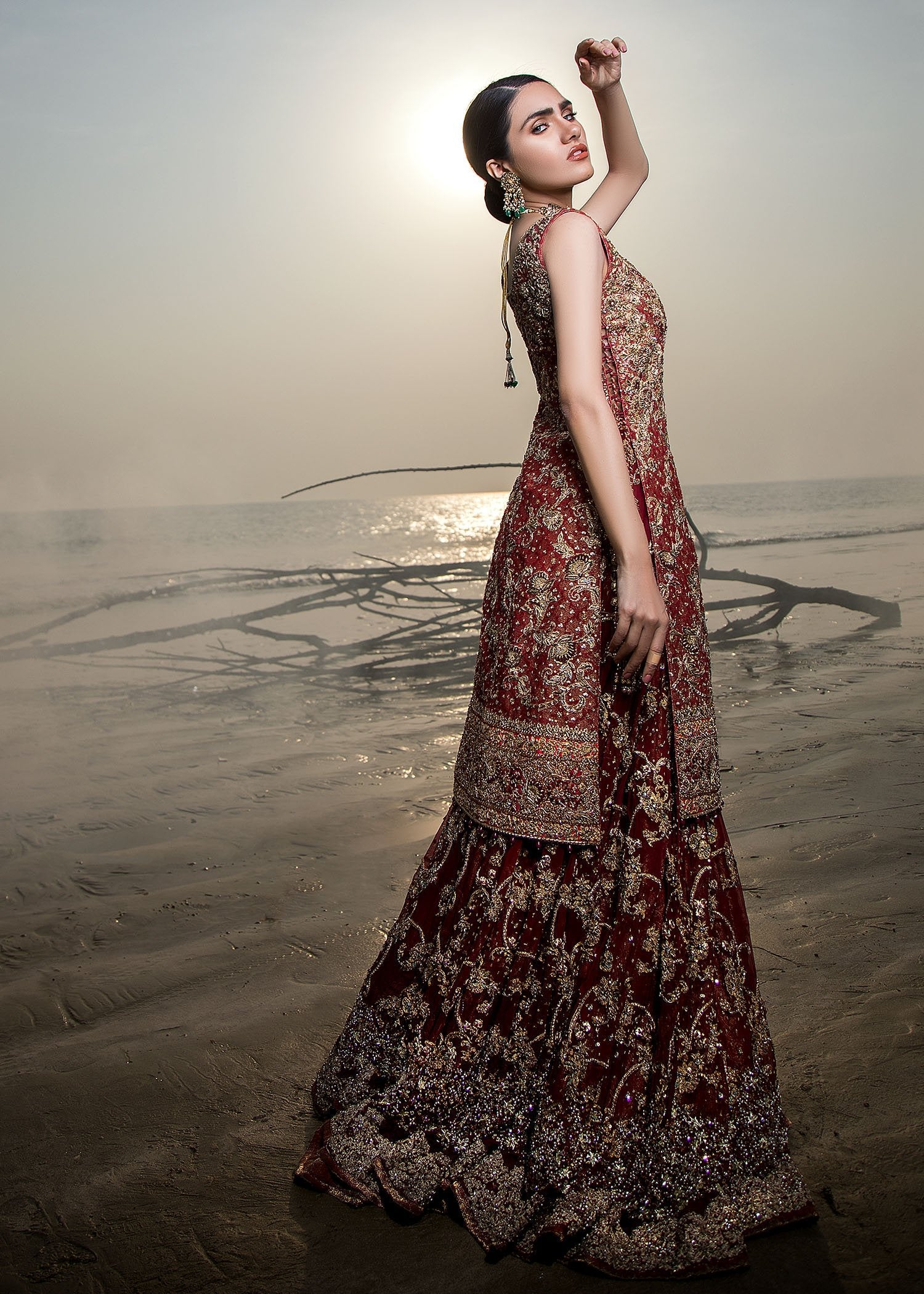 Pakistani Deep Maroon Embellished Velvet Bridal Lehenga (3-Piece) - Image 2