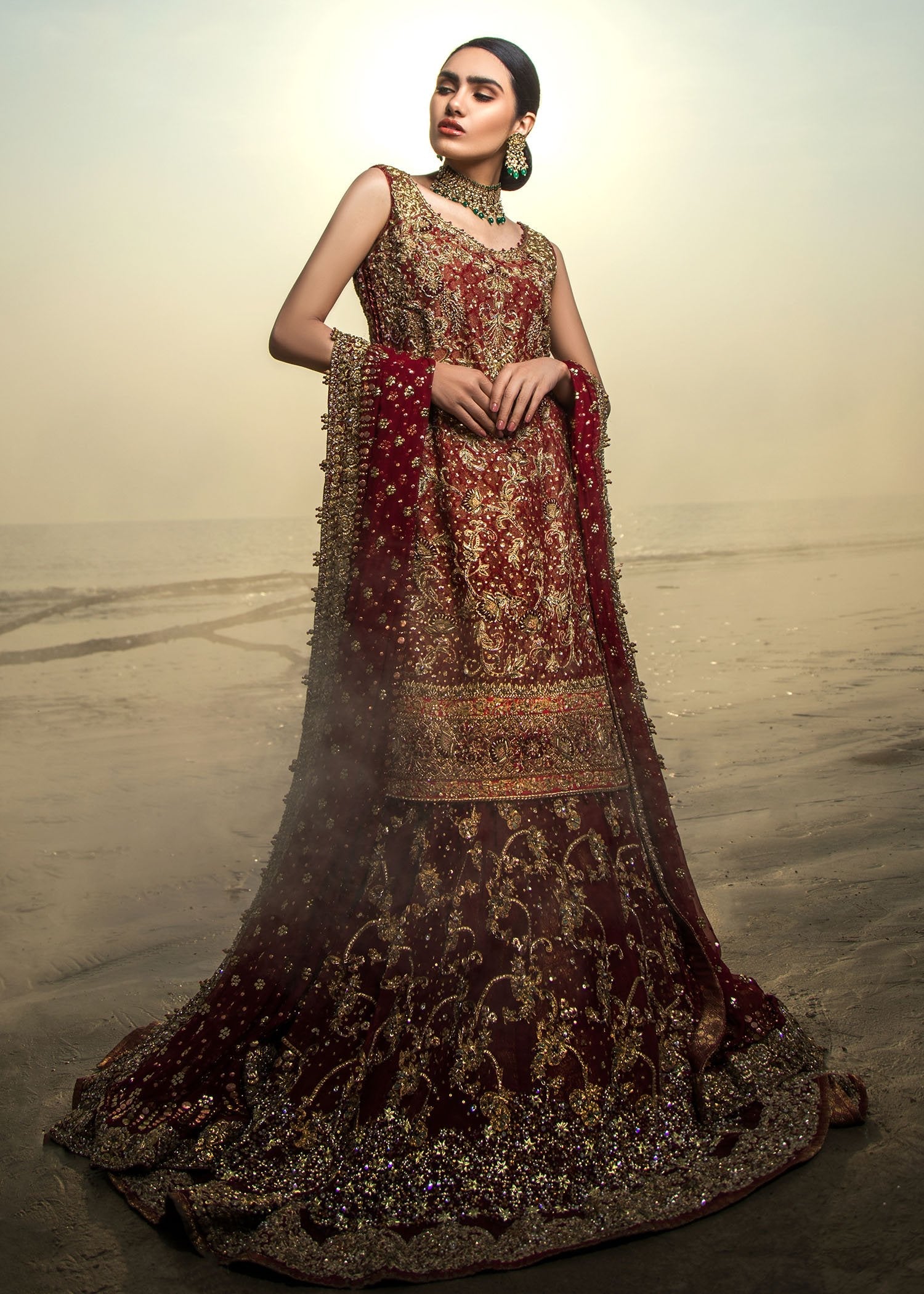 Pakistani Deep Maroon Embellished Velvet Bridal Lehenga (3-Piece) - Image 3