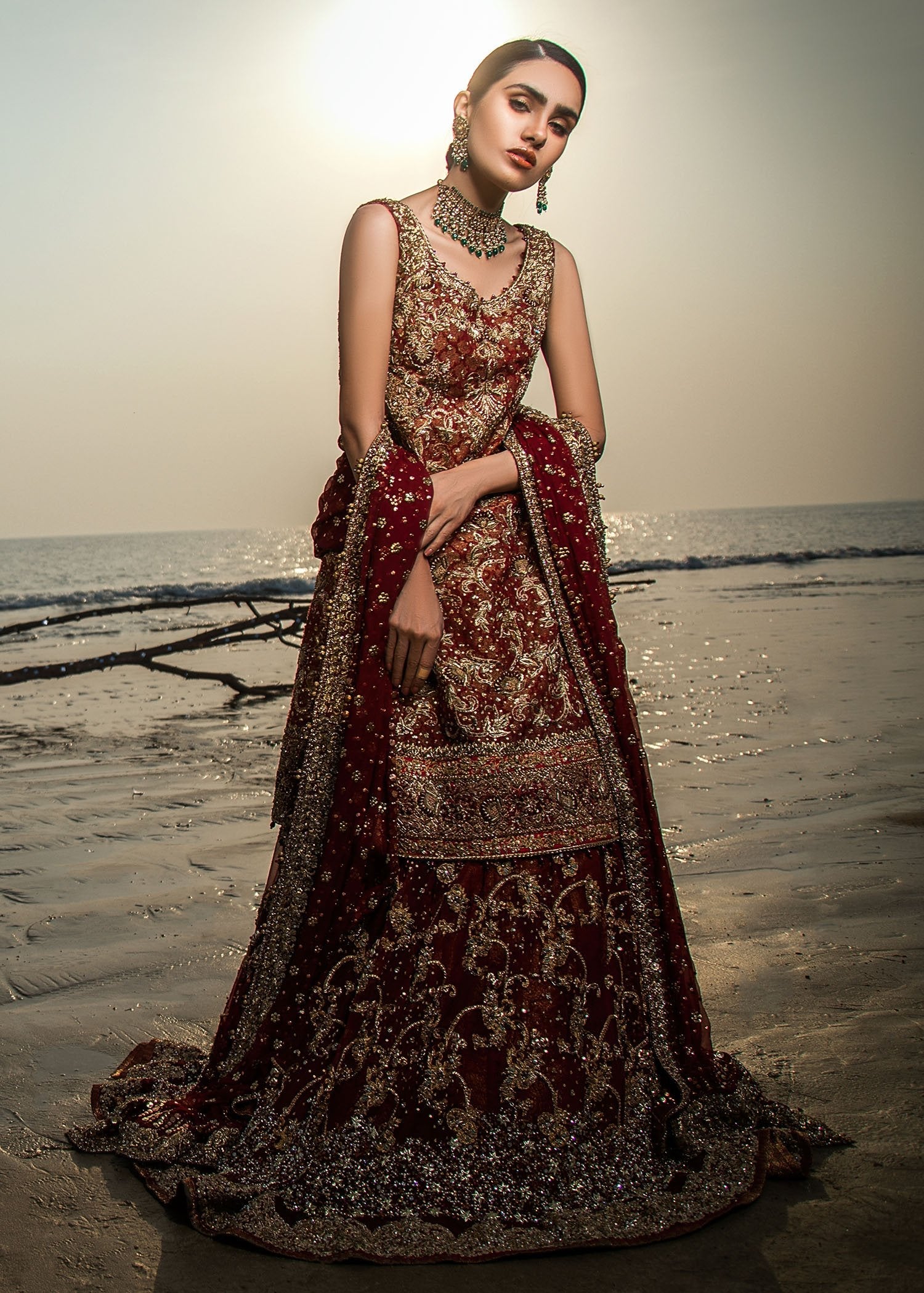 Pakistani Deep Maroon Embellished Velvet Bridal Lehenga (3-Piece) - Image 4