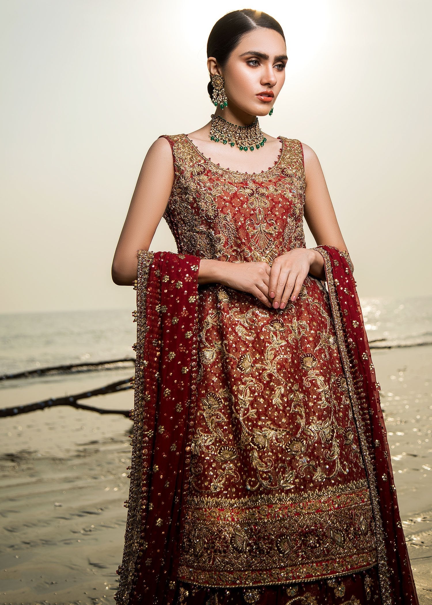Pakistani Deep Maroon Embellished Velvet Bridal Lehenga (3-Piece) - Image 6