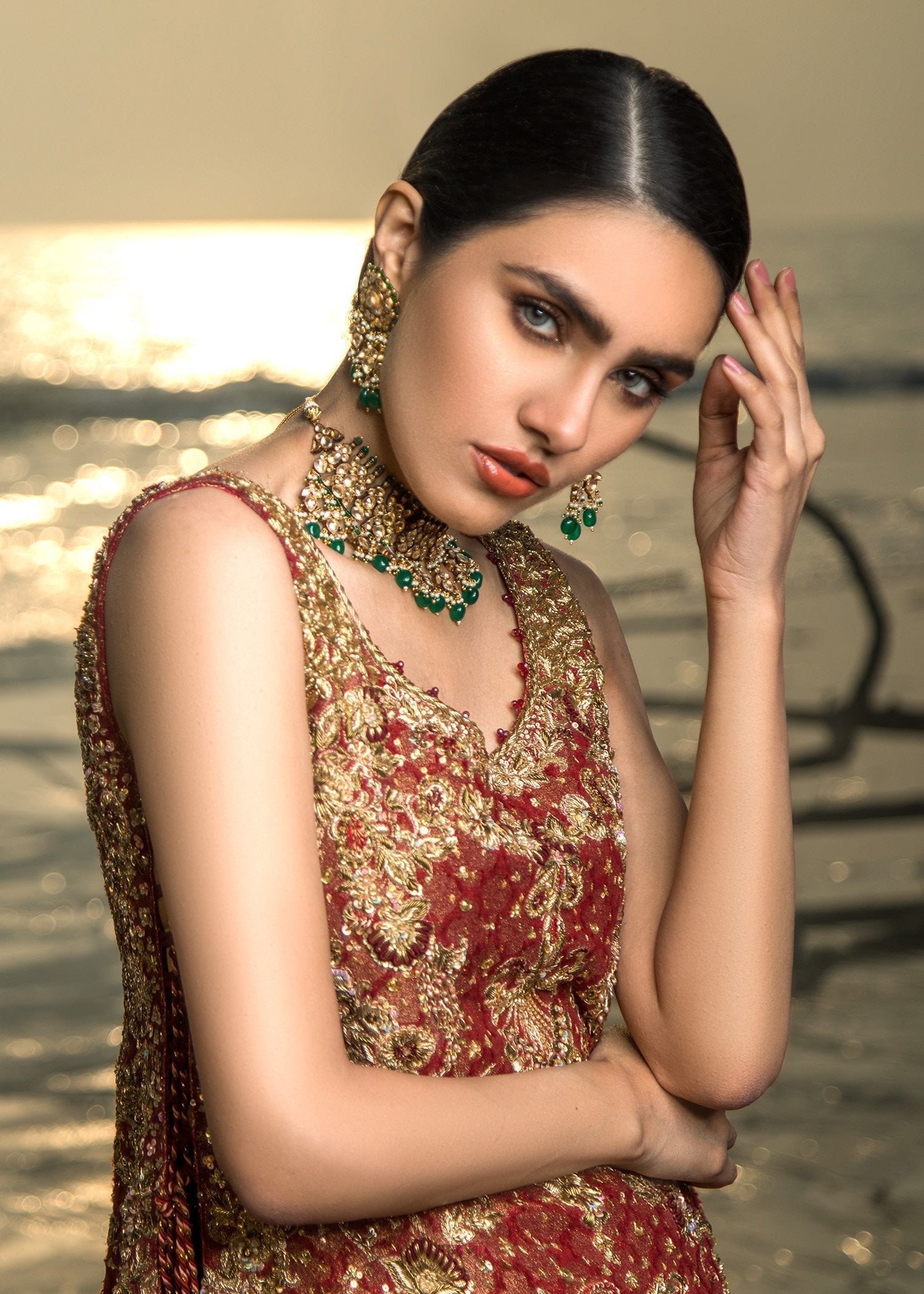 Pakistani Deep Maroon Embellished Velvet Bridal Lehenga (3-Piece) - Image 7