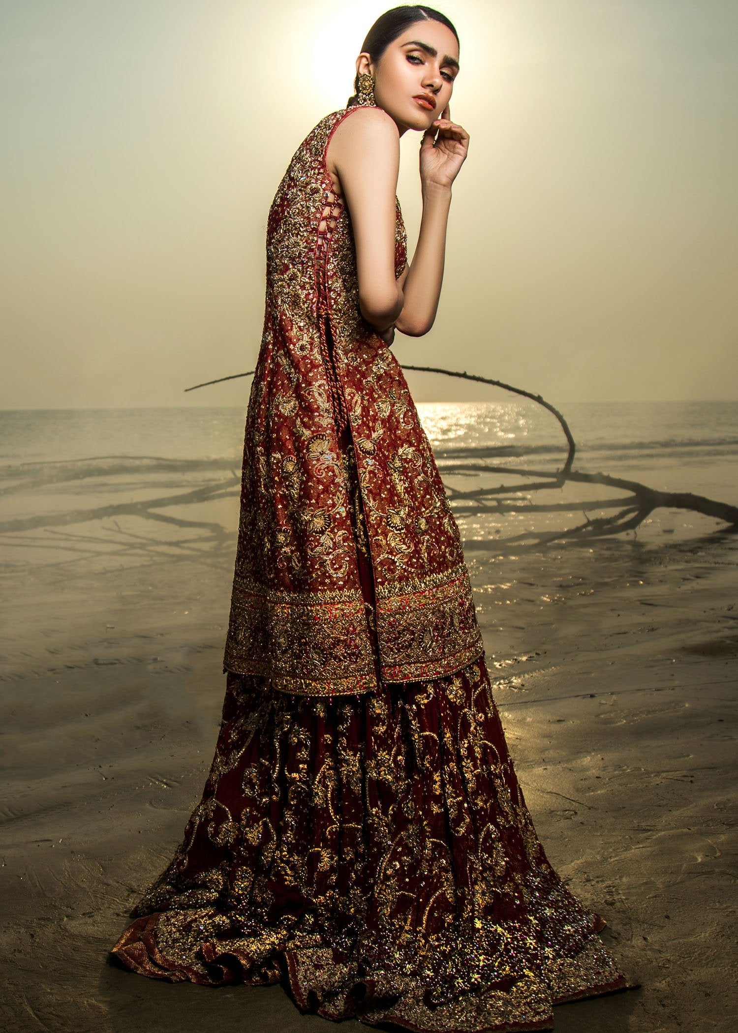 Pakistani Deep Maroon Embellished Velvet Bridal Lehenga (3-Piece) - Image 8