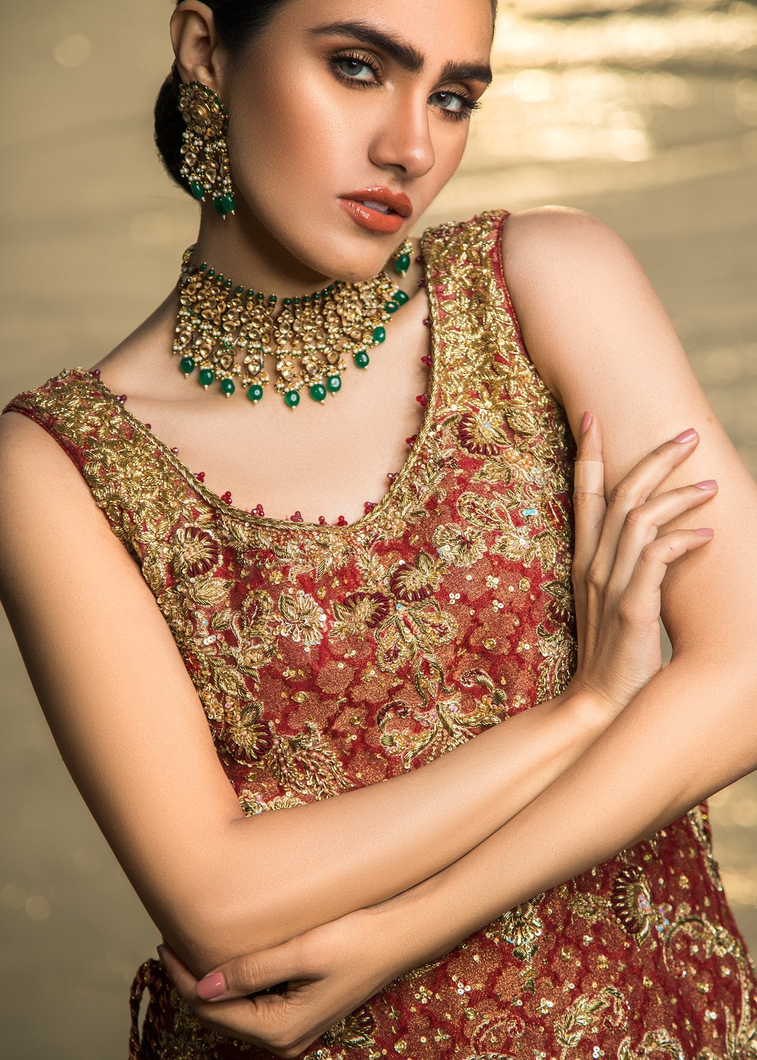 Pakistani Deep Maroon Embellished Velvet Bridal Lehenga (3-Piece) - Image 9