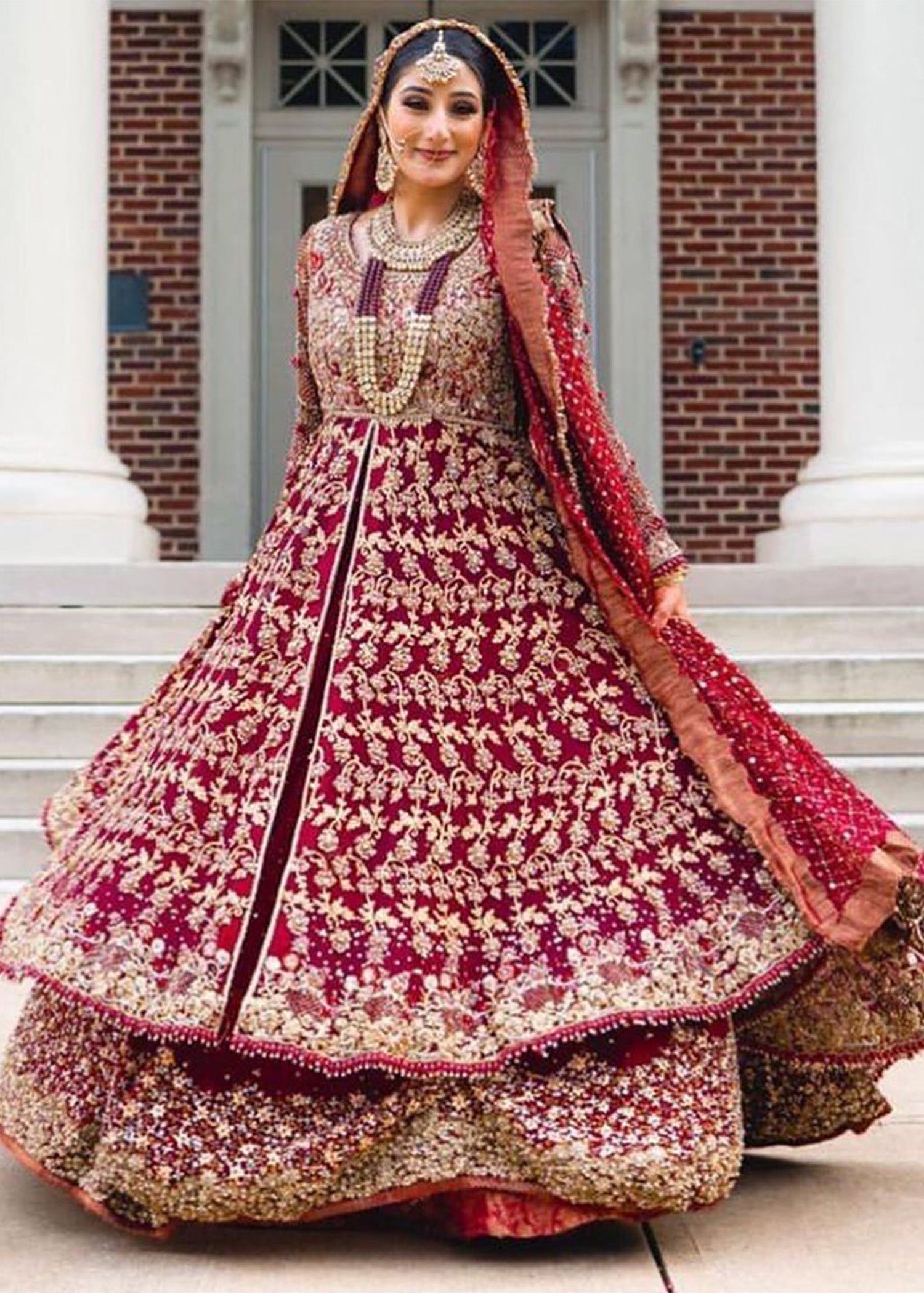 Deep Maroon Embroidered Velvet Bridal Lehenga (3-Piece) - Image 1