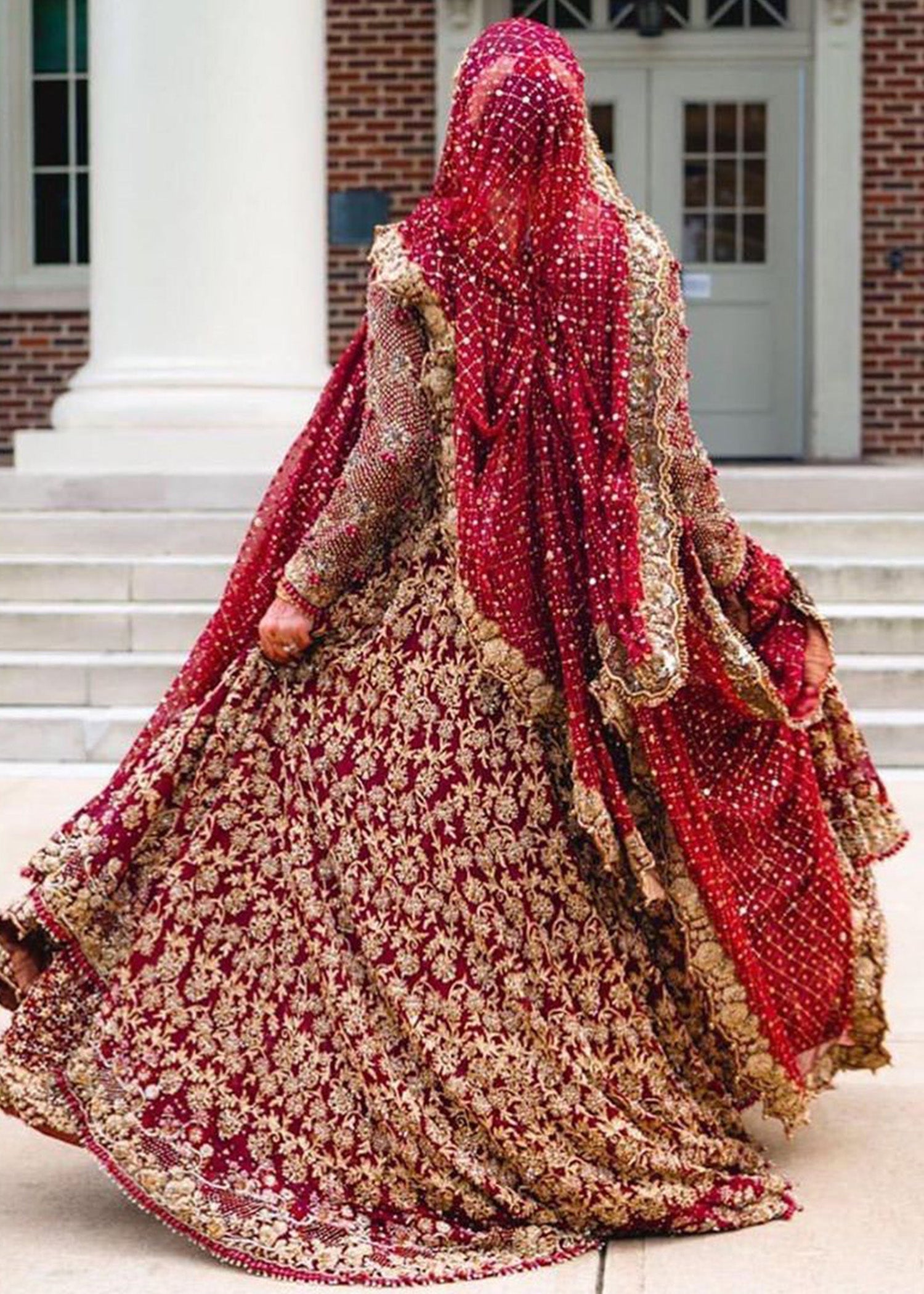 Deep Maroon Embroidered Velvet Bridal Lehenga (3-Piece) - Image 2