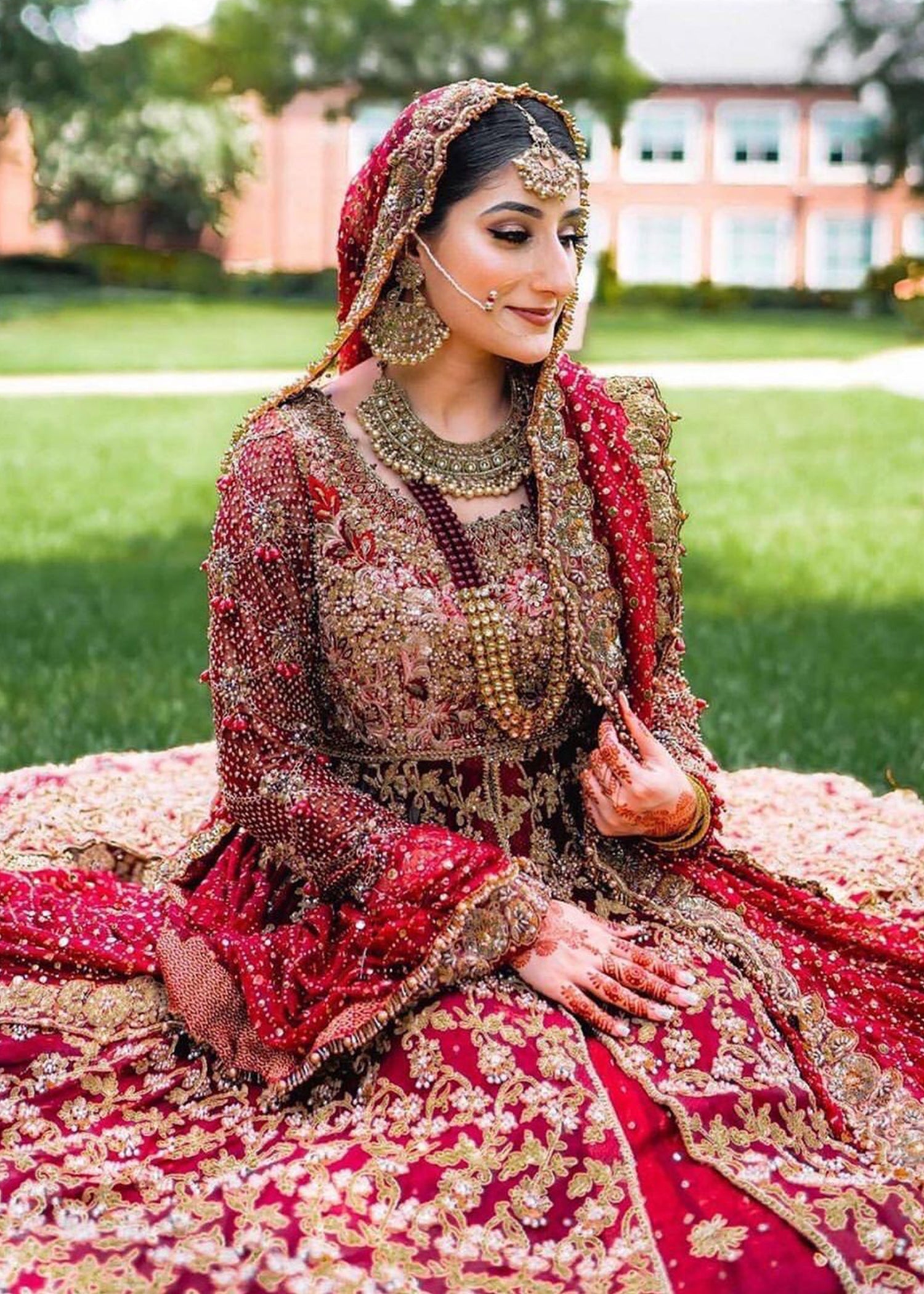 Deep Maroon Embroidered Velvet Bridal Lehenga (3-Piece) - Image 4