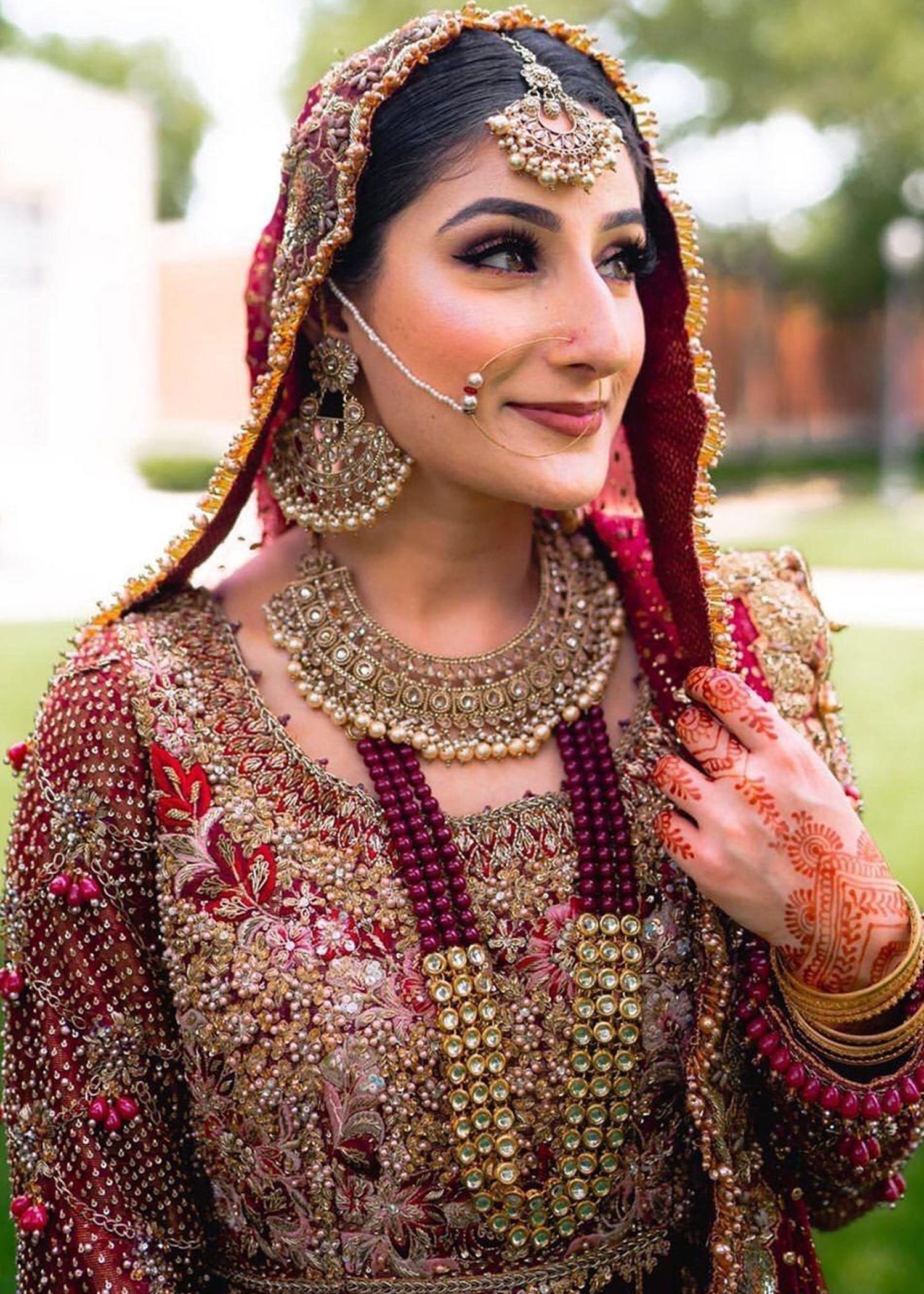 Deep Maroon Embroidered Velvet Bridal Lehenga (3-Piece) - Image 5