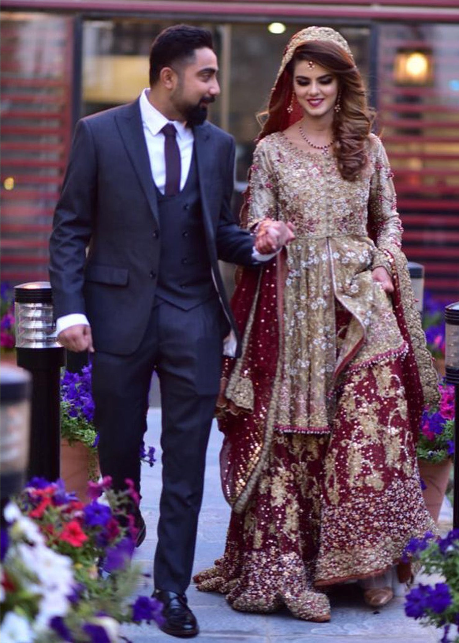 Deep Maroon Gold Embellished Velvet Silk Lehenga (3-Piece) - Image 1