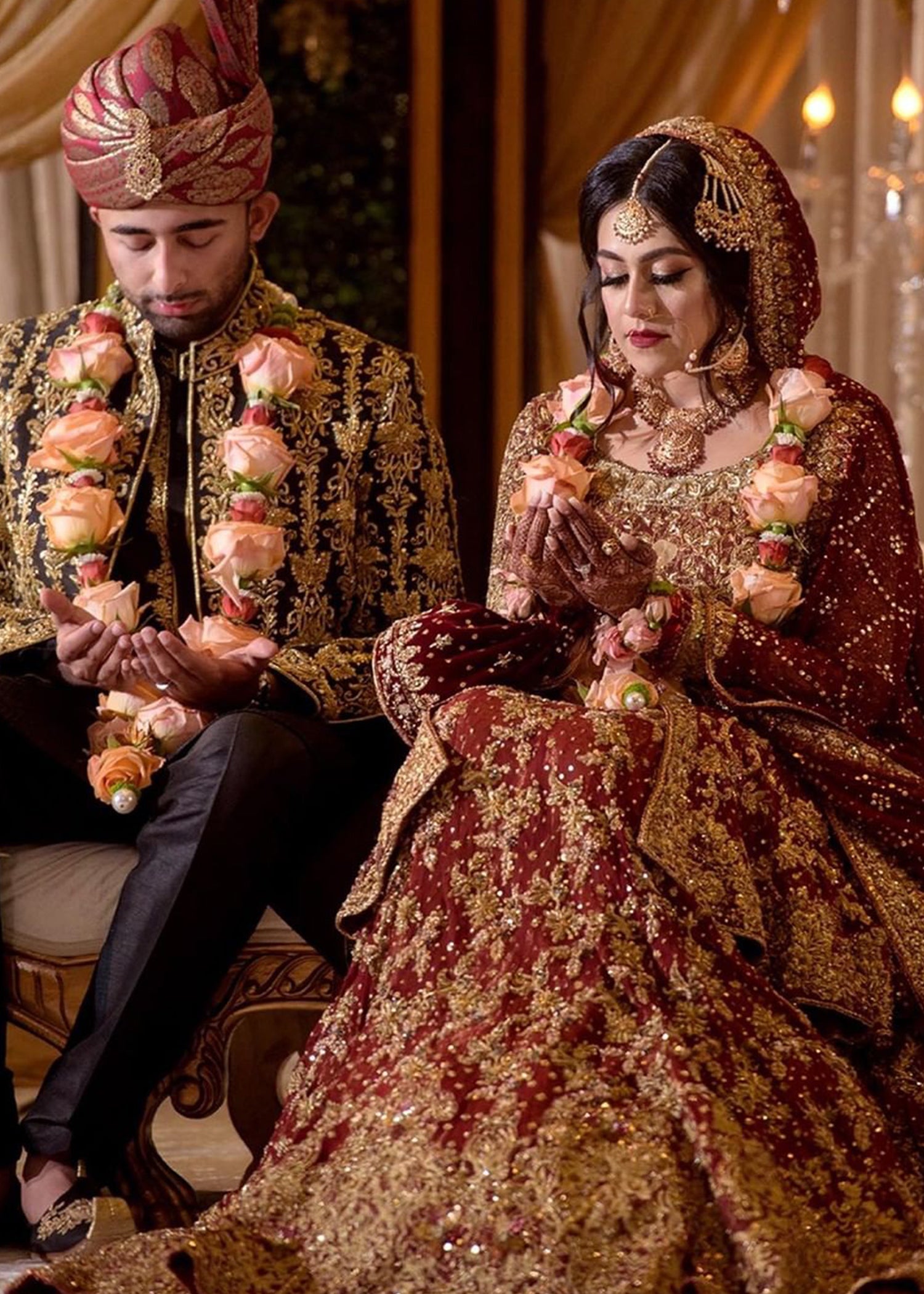 Deep Maroon Embroidered Velvet Silk Bridal Lehenga (3-Piece) - Image 1