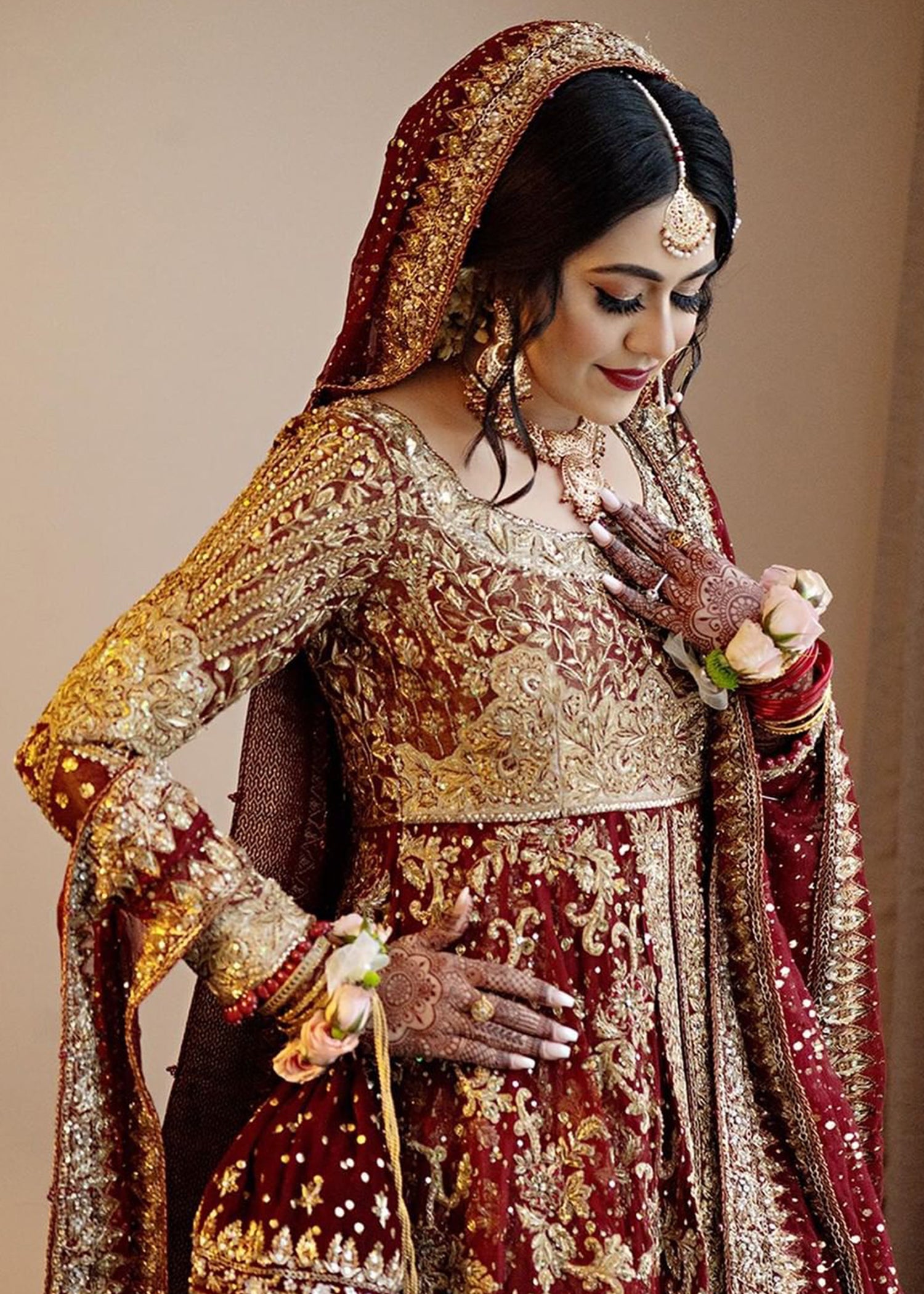 Deep Maroon Embroidered Velvet Silk Bridal Lehenga (3-Piece) - Image 6