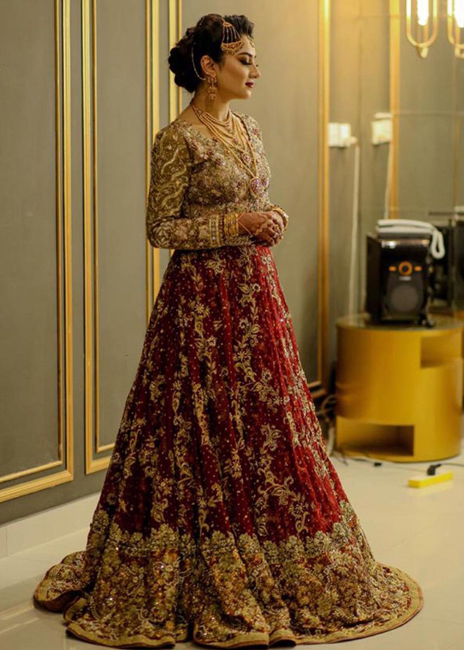 Deep Maroon Zardozi Velvet Bridal Lehenga (3-Piece) - Image 1