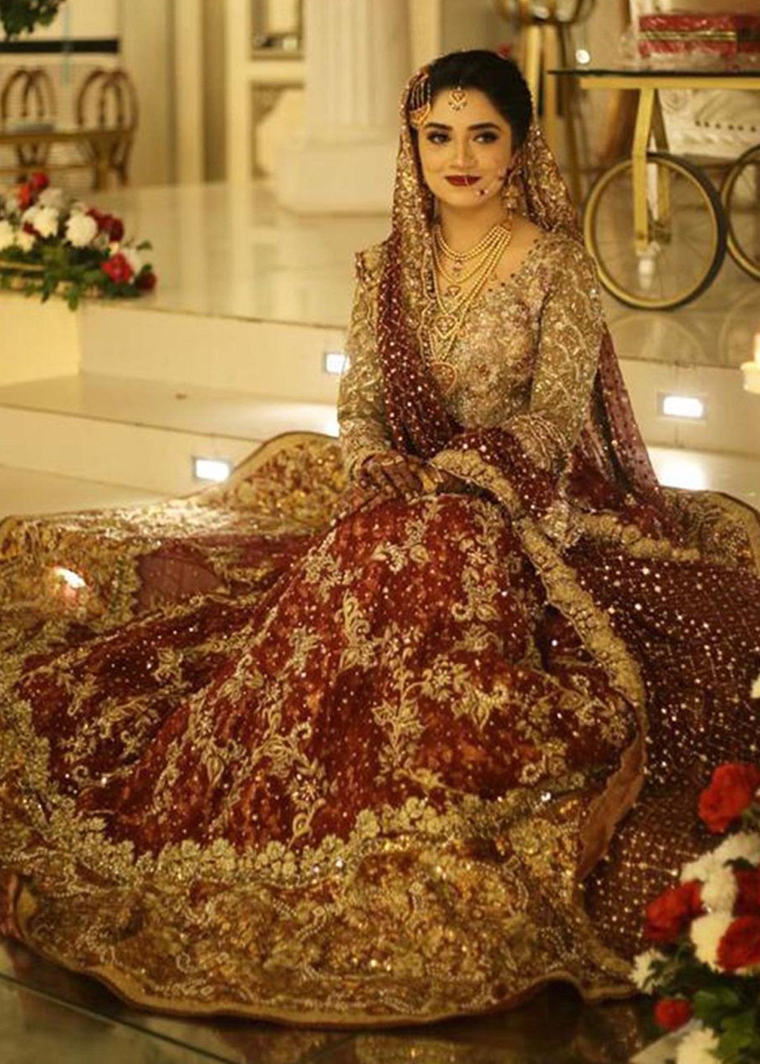Deep Maroon Zardozi Velvet Bridal Lehenga (3-Piece) - Image 4