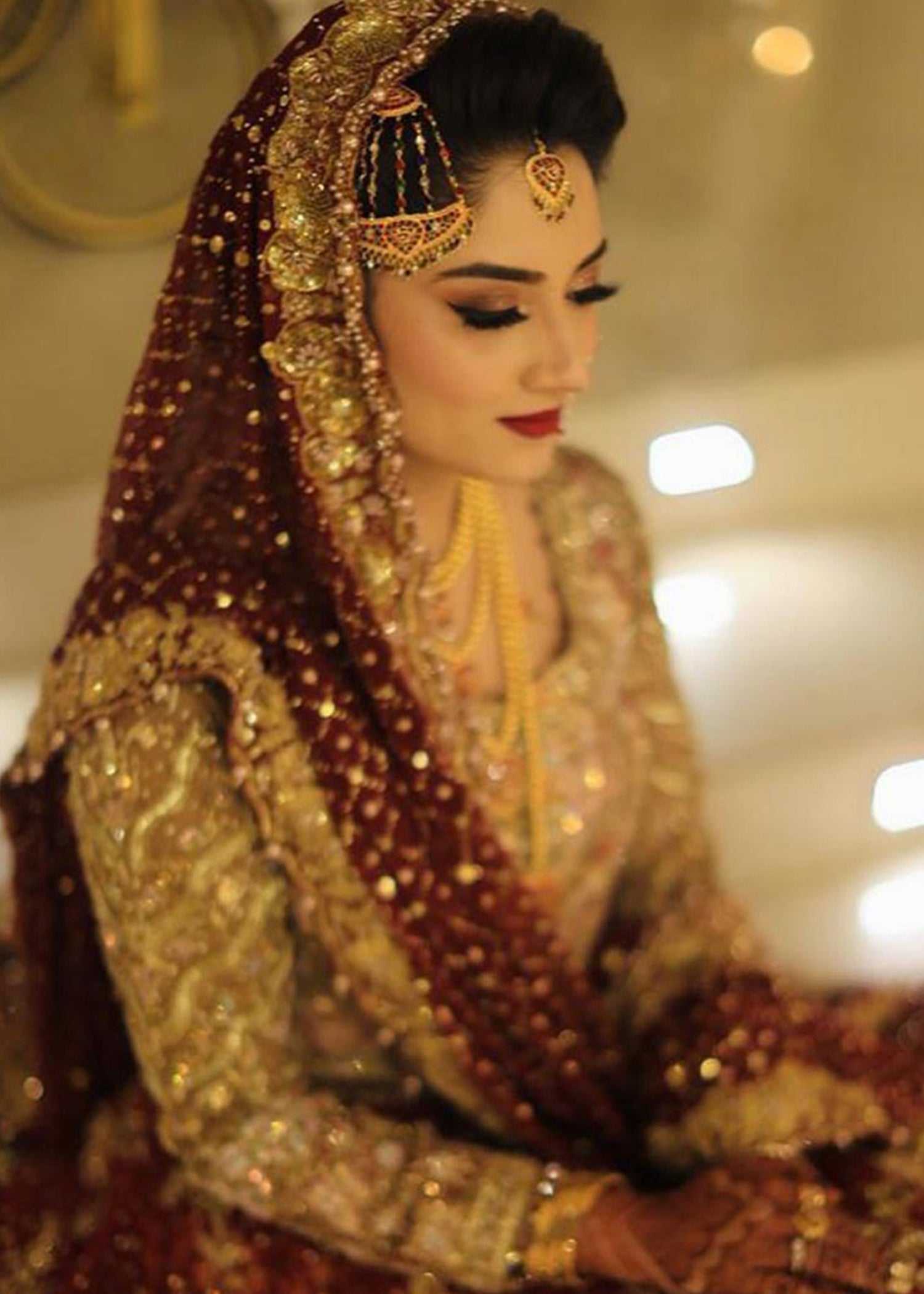 Deep Maroon Zardozi Velvet Bridal Lehenga (3-Piece) - Image 5