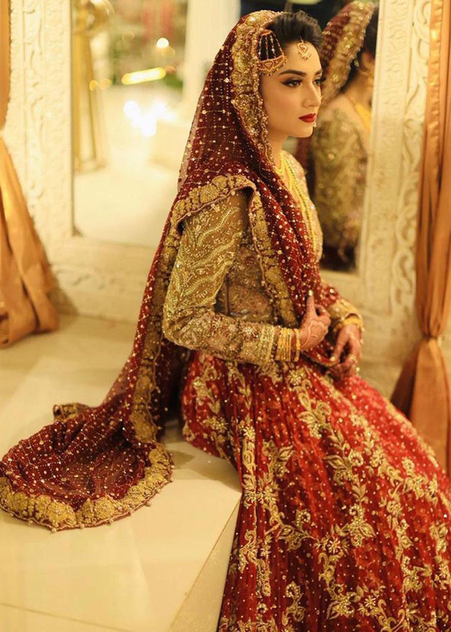 Deep Maroon Zardozi Velvet Bridal Lehenga (3-Piece) - Image 6