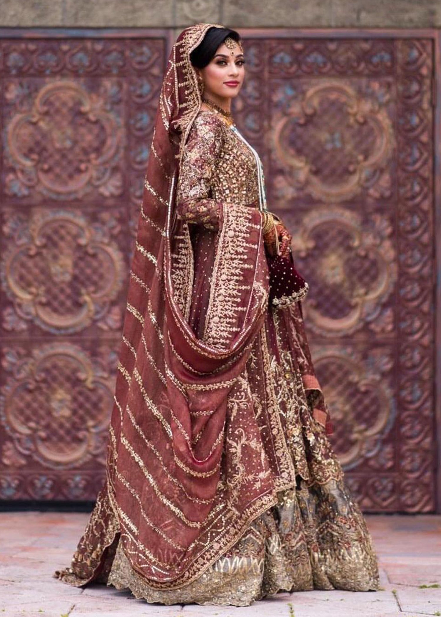 Deep Maroon Embroidered Velvet Silk Bridal Lehenga (3-Piece) - Image 2
