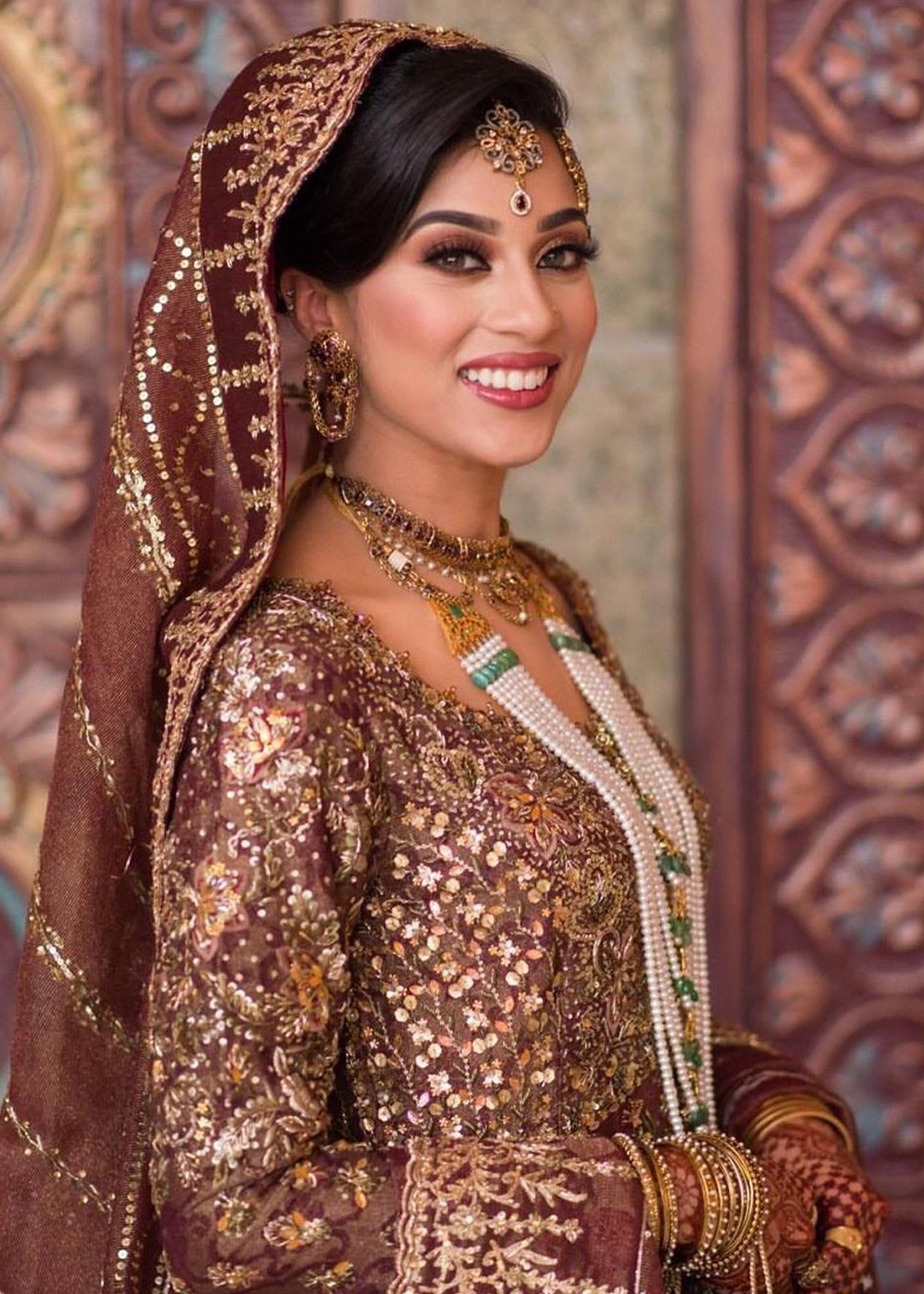 Deep Maroon Embroidered Velvet Silk Bridal Lehenga (3-Piece) - Image 3