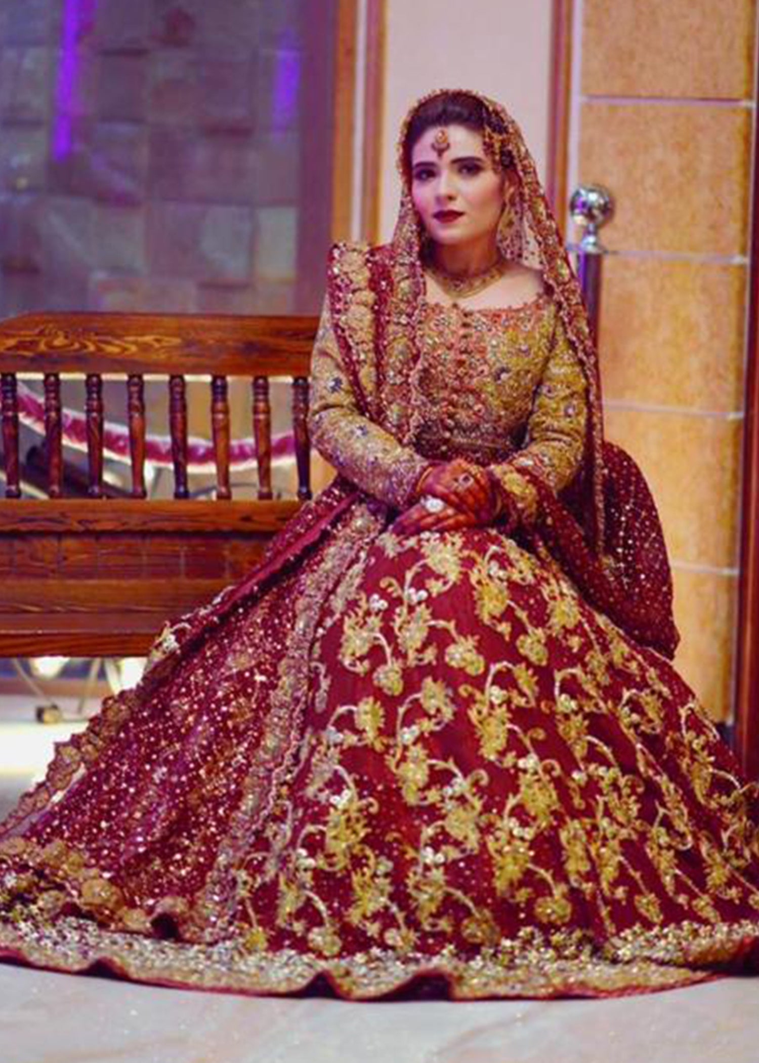 Deep Maroon Gold Embroidered Velvet Bridal Lehenga (3-Piece) - Image 3