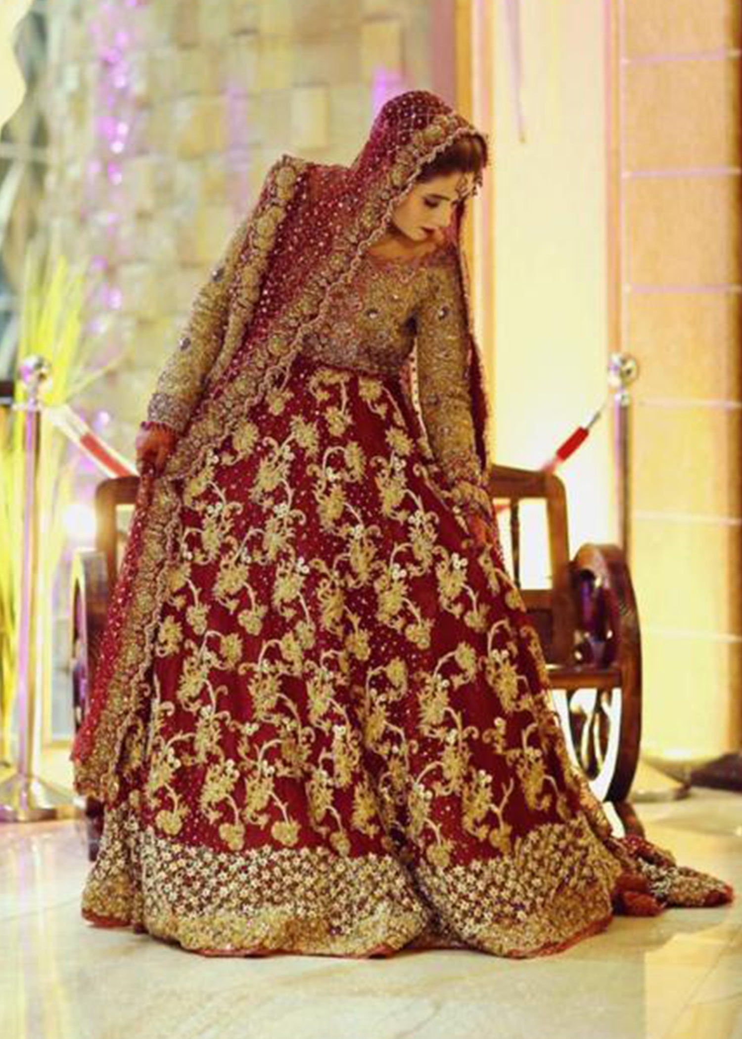 Deep Maroon Gold Embroidered Velvet Bridal Lehenga (3-Piece) - Image 4