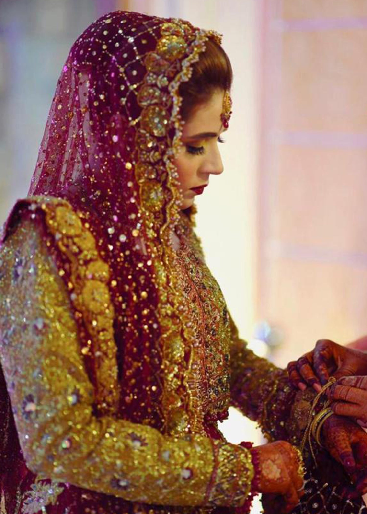 Deep Maroon Gold Embroidered Velvet Bridal Lehenga (3-Piece) - Image 5