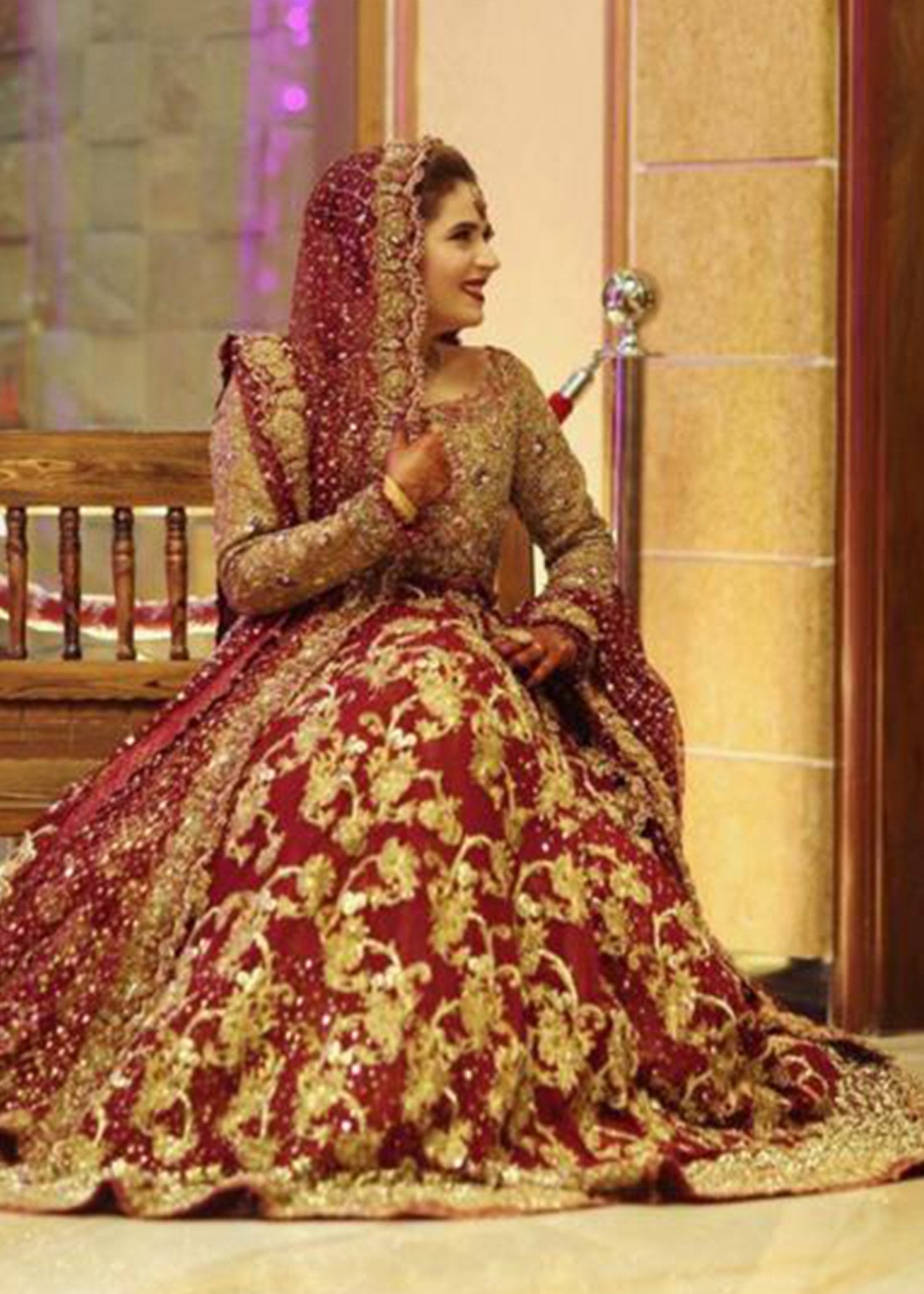 Deep Maroon Gold Embroidered Velvet Bridal Lehenga (3-Piece) - Image 6